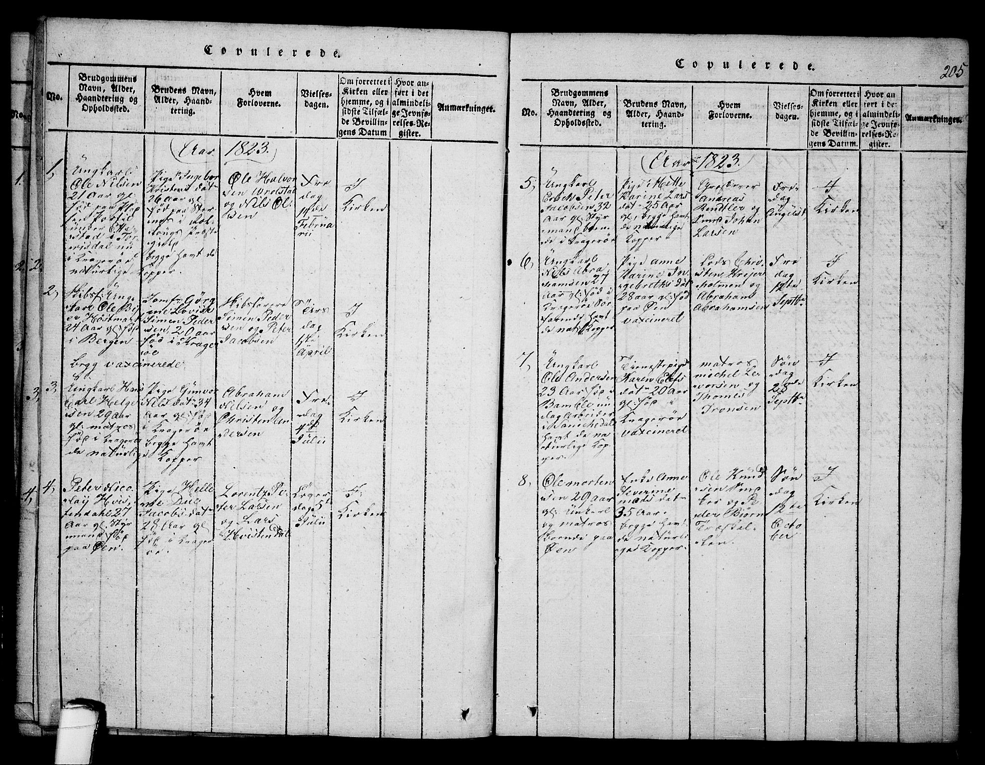 Kragerø kirkebøker, SAKO/A-278/F/Fa/L0004: Parish register (official) no. 4, 1814-1831, p. 205