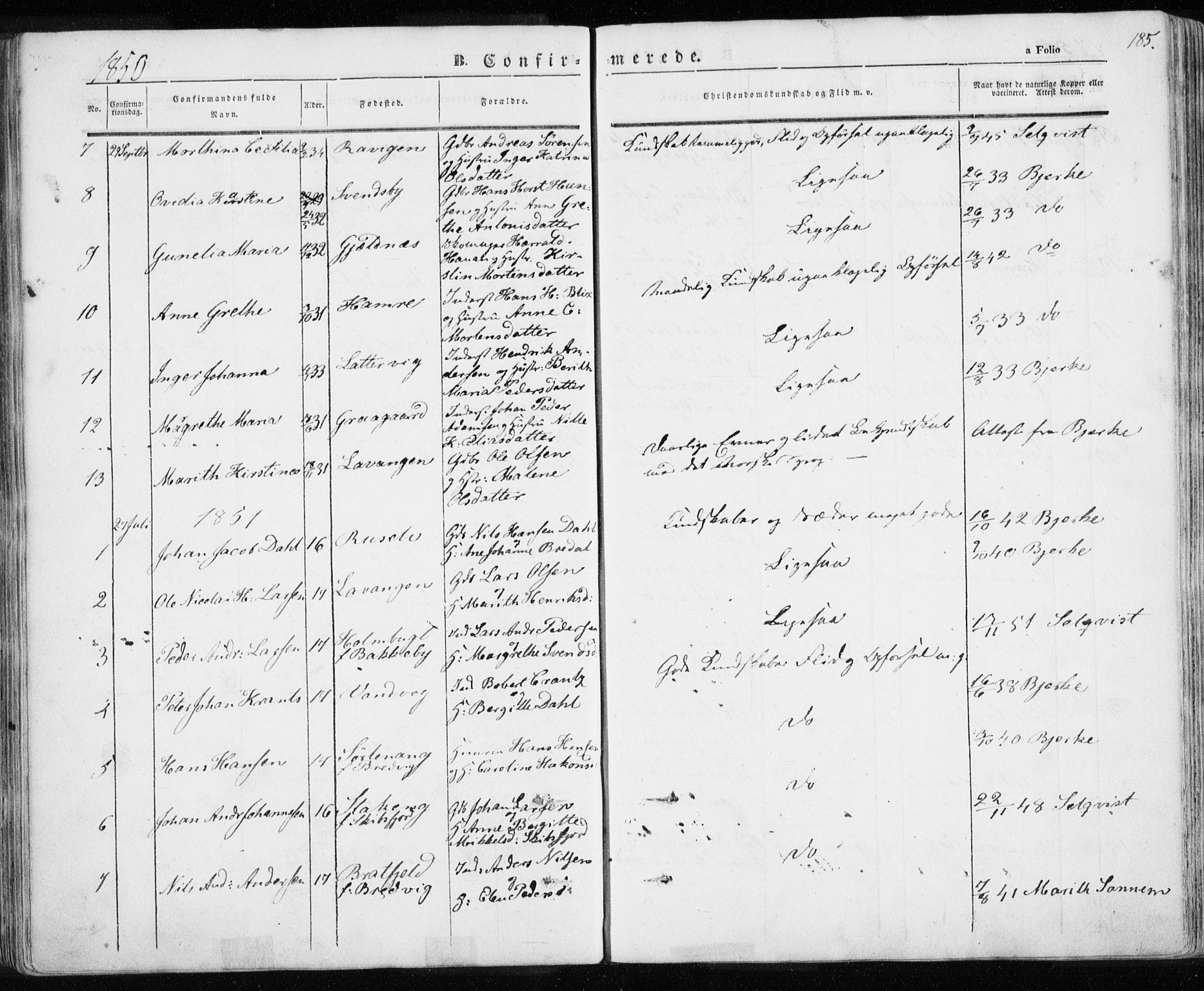 Karlsøy sokneprestembete, SATØ/S-1299/H/Ha/Haa/L0003kirke: Parish register (official) no. 3, 1843-1860, p. 185