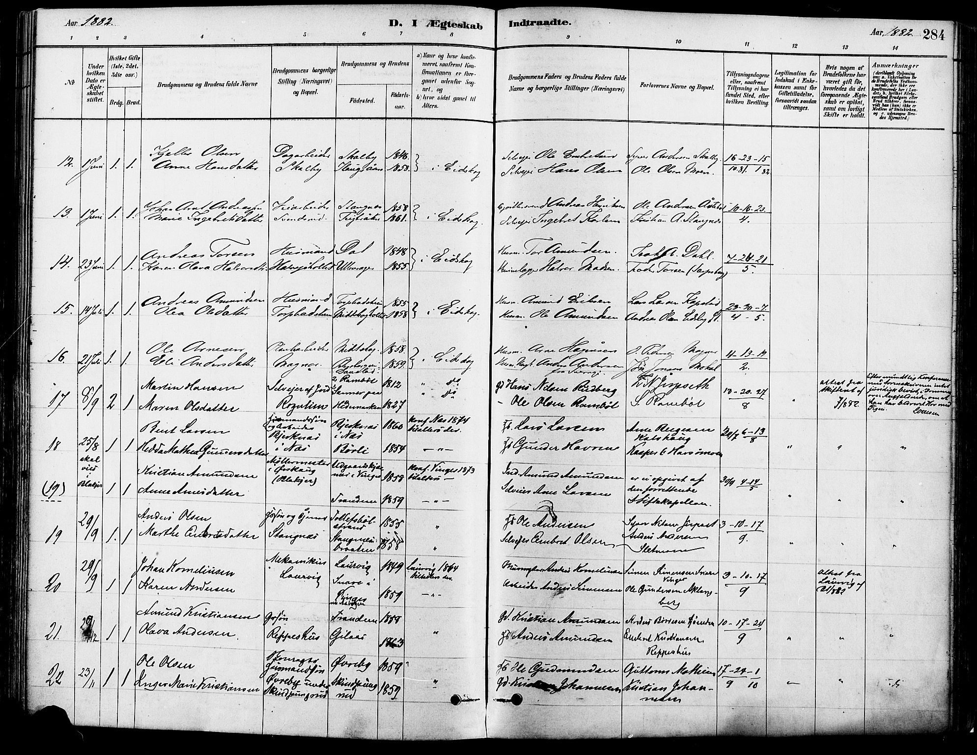 Eidskog prestekontor, AV/SAH-PREST-026/H/Ha/Haa/L0003: Parish register (official) no. 3, 1879-1892, p. 284