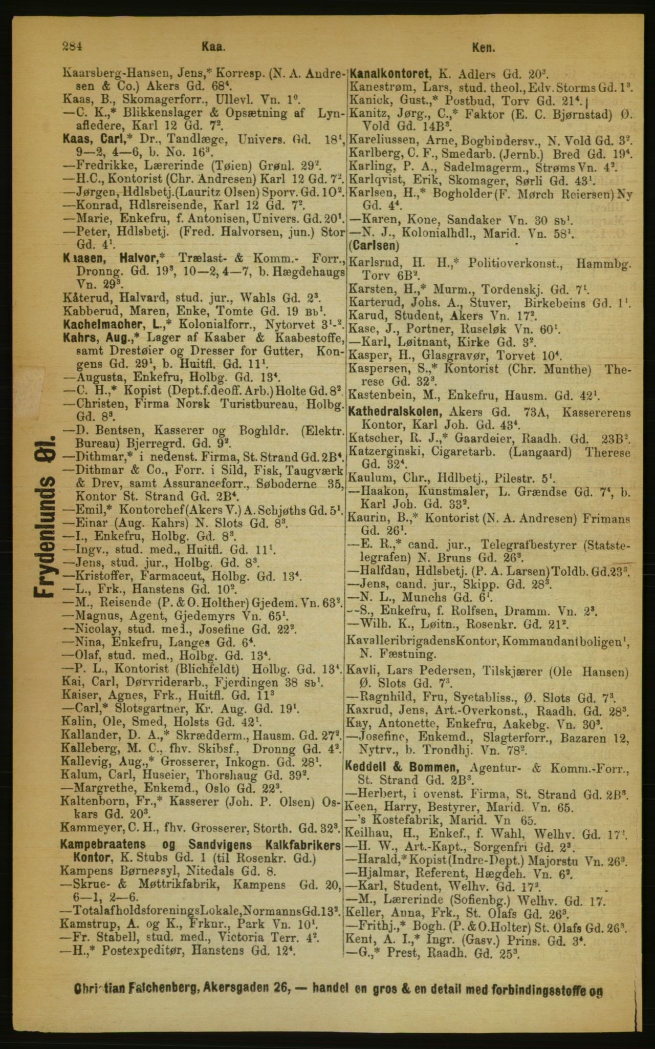 Kristiania/Oslo adressebok, PUBL/-, 1889, p. 284