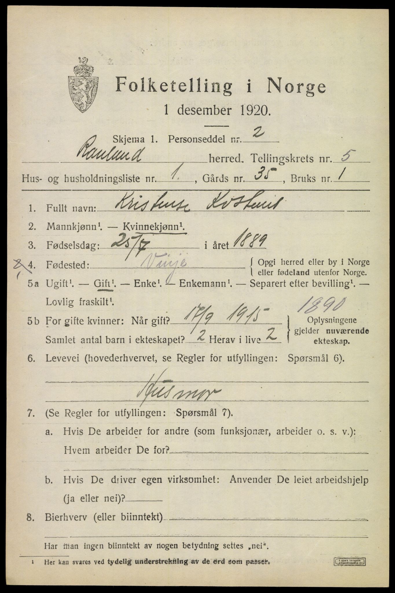 SAKO, 1920 census for Rauland, 1920, p. 1012