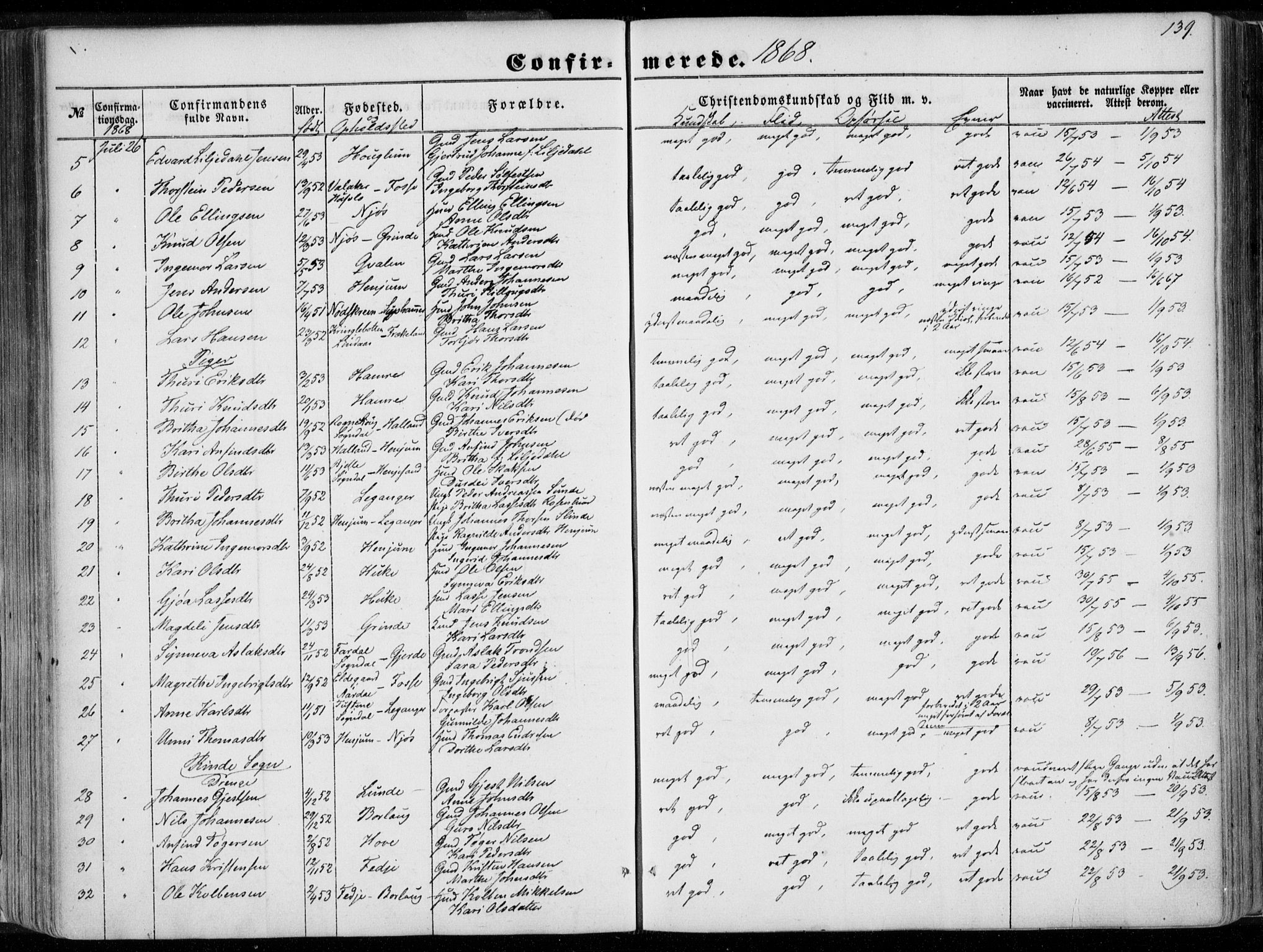 Leikanger sokneprestembete, SAB/A-81001: Parish register (official) no. A 8, 1852-1868, p. 139
