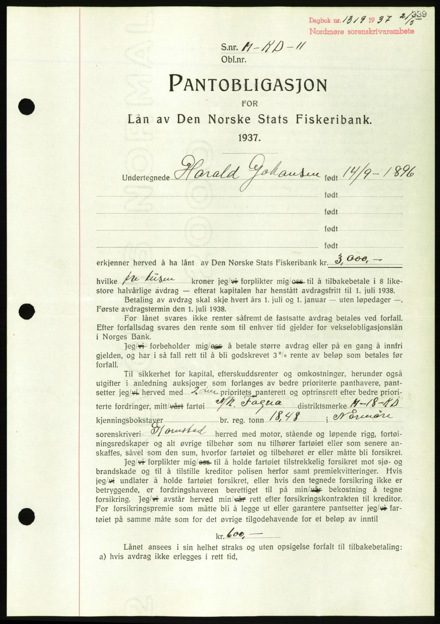 Nordmøre sorenskriveri, AV/SAT-A-4132/1/2/2Ca/L0091: Mortgage book no. B81, 1937-1937, Diary no: : 1319/1937