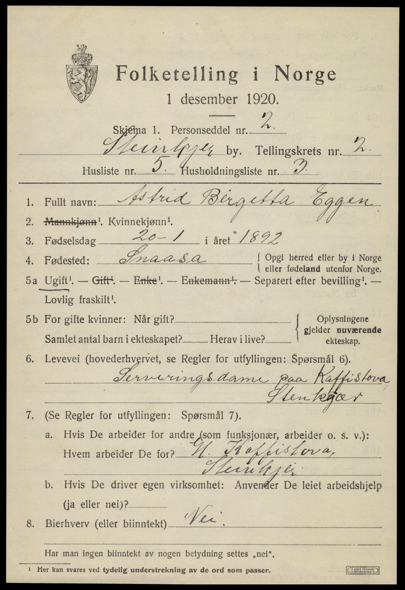 SAT, 1920 census for Steinkjer, 1920, p. 4220