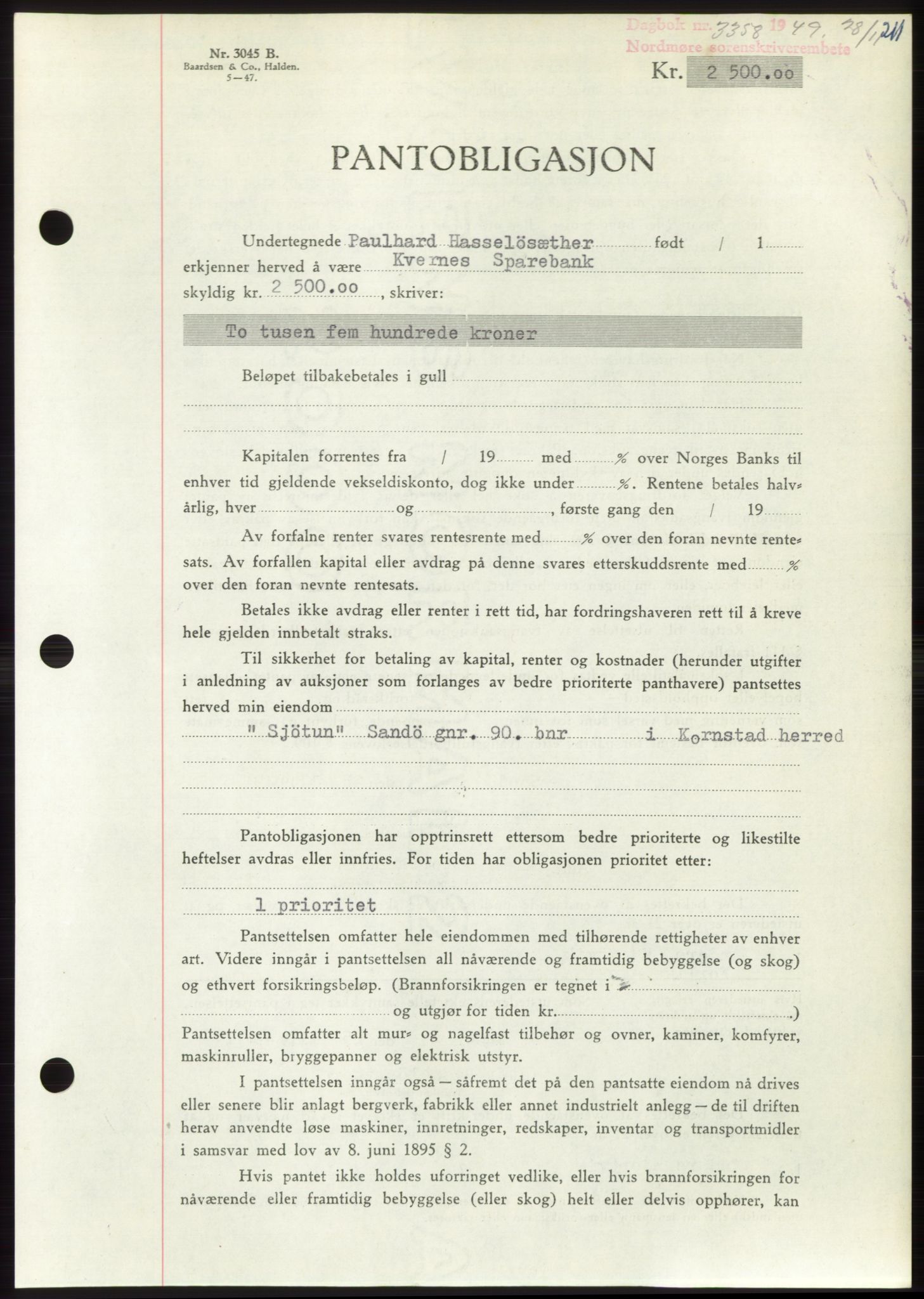 Nordmøre sorenskriveri, AV/SAT-A-4132/1/2/2Ca: Mortgage book no. B103, 1949-1950, Diary no: : 3358/1949