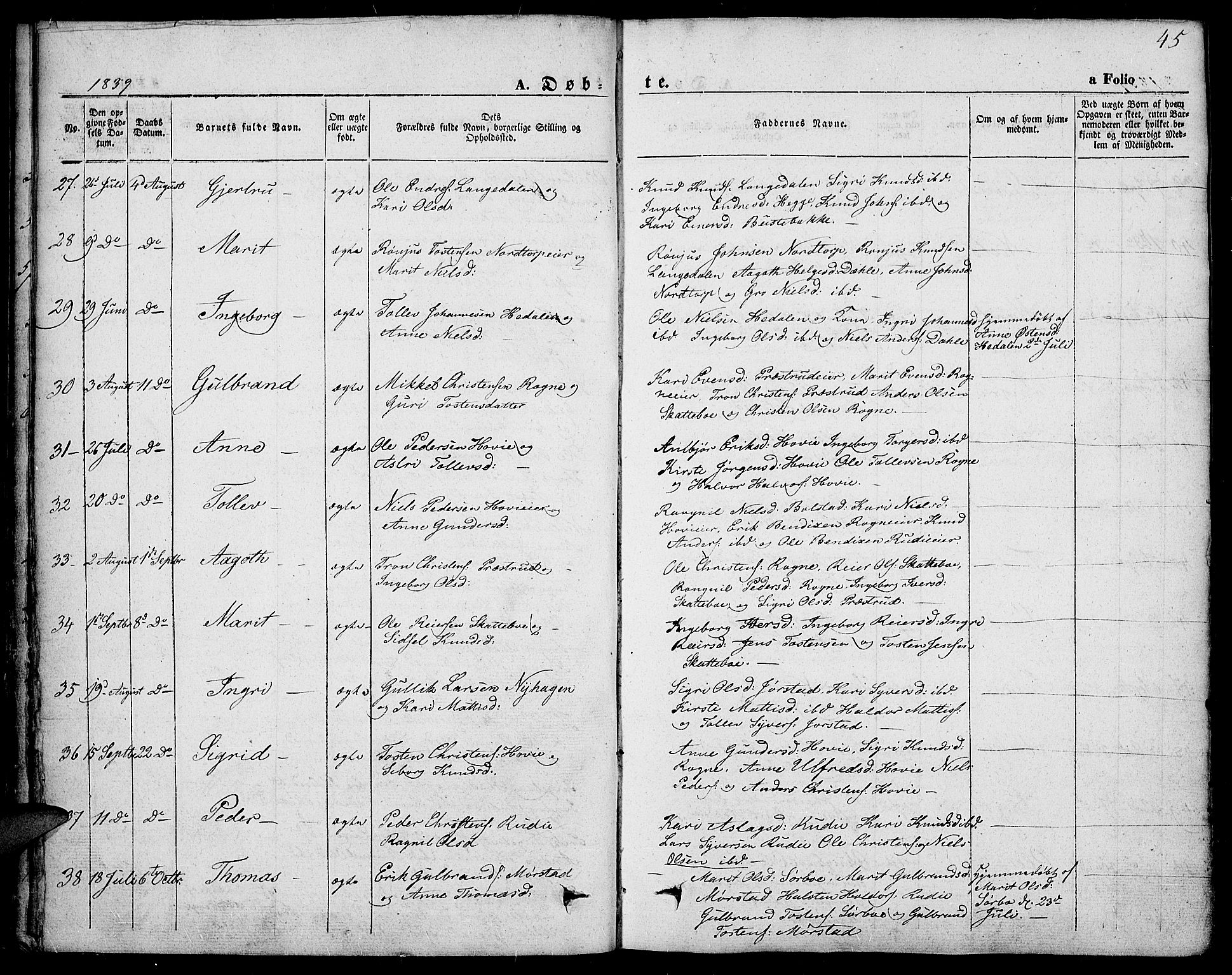 Slidre prestekontor, AV/SAH-PREST-134/H/Ha/Haa/L0004: Parish register (official) no. 4, 1831-1848, p. 45