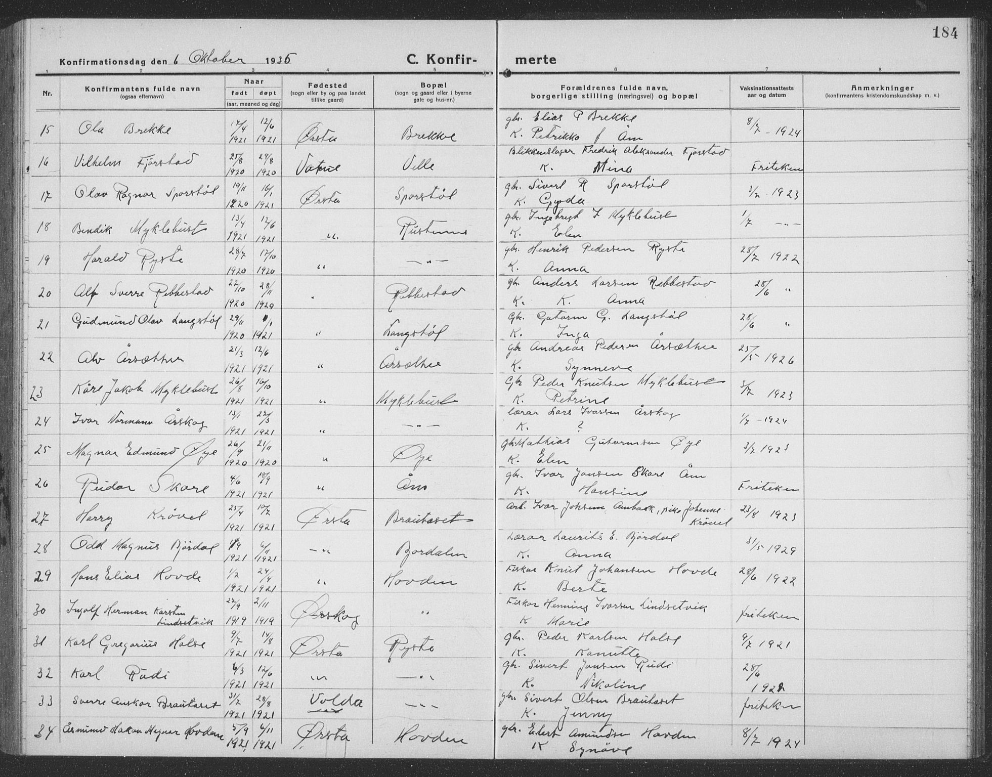 Ministerialprotokoller, klokkerbøker og fødselsregistre - Møre og Romsdal, AV/SAT-A-1454/513/L0191: Parish register (copy) no. 513C05, 1920-1941, p. 184