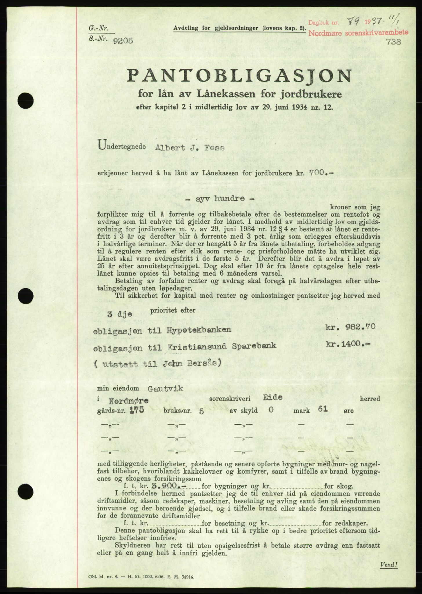 Nordmøre sorenskriveri, AV/SAT-A-4132/1/2/2Ca/L0090: Mortgage book no. B80, 1936-1937, Diary no: : 79/1937