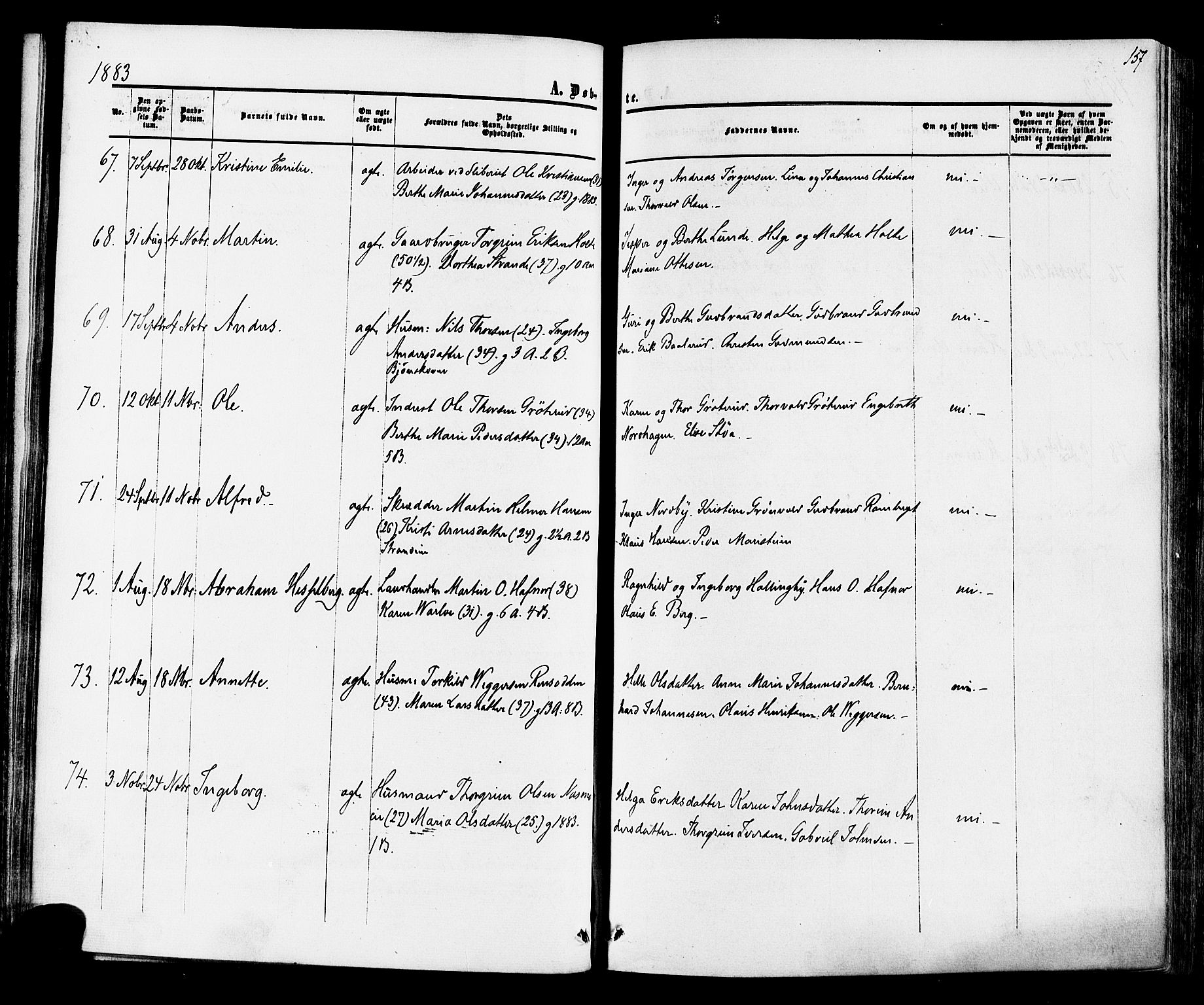Ådal kirkebøker, SAKO/A-248/F/Fa/L0001: Parish register (official) no. I 1, 1857-1883, p. 157