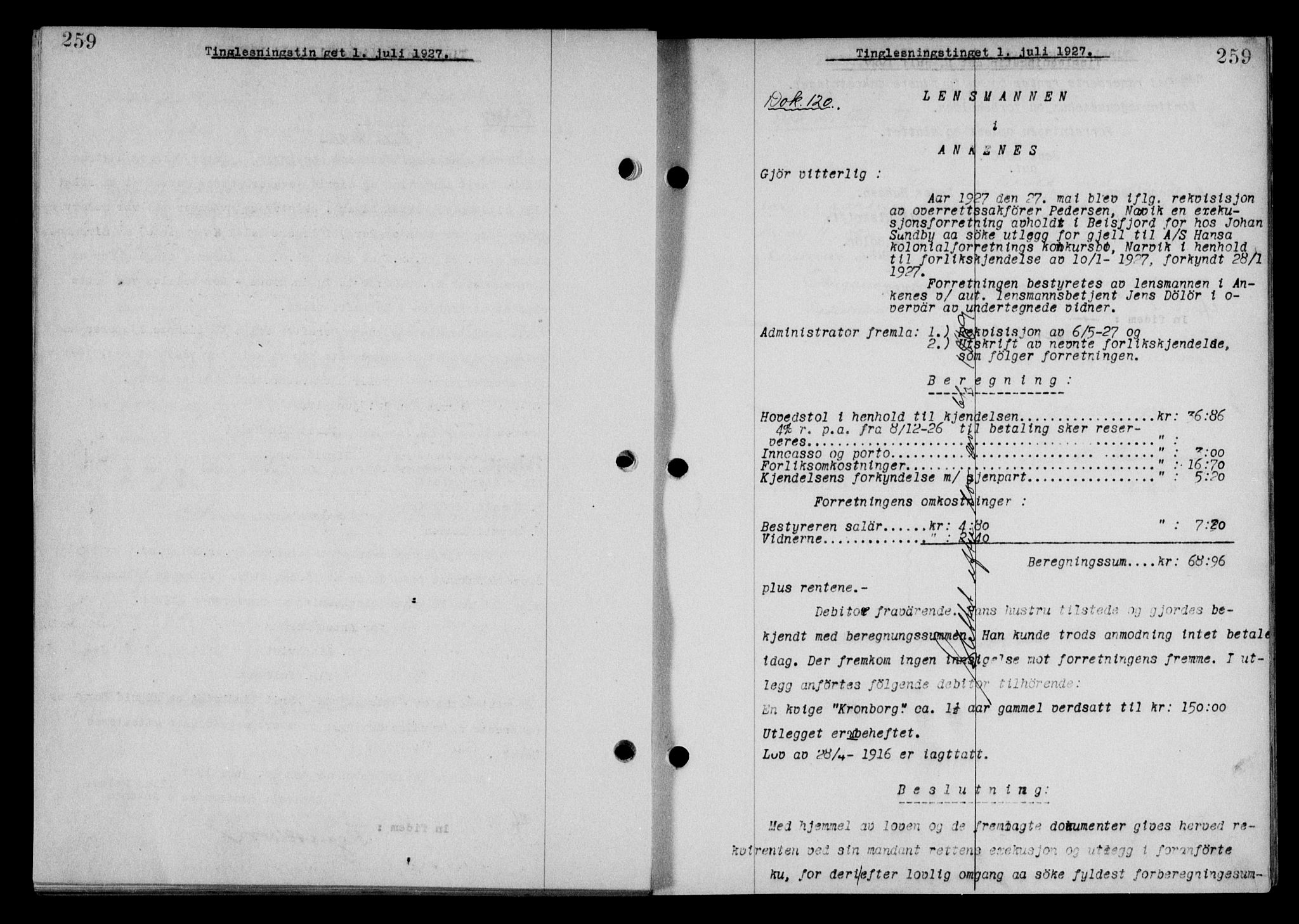 Steigen og Ofoten sorenskriveri, SAT/A-0030/1/2/2C/L0014: Mortgage book no. 13 og 15, 1926-1927, Deed date: 01.07.1927