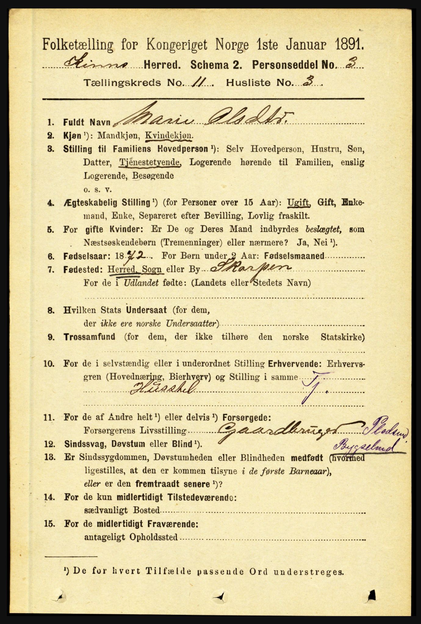 RA, 1891 census for 1437 Kinn, 1891, p. 4078