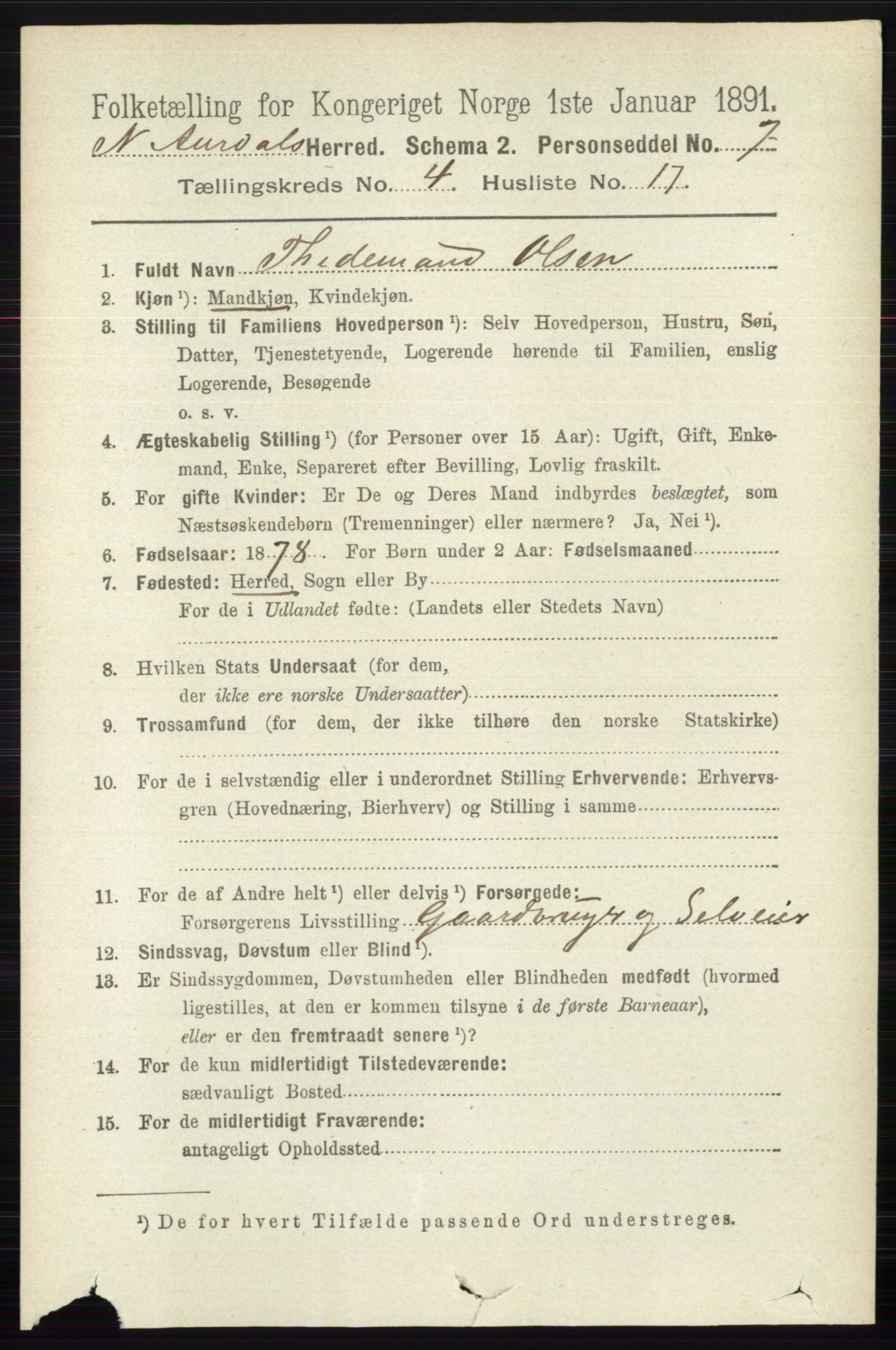 RA, 1891 census for 0542 Nord-Aurdal, 1891, p. 1238