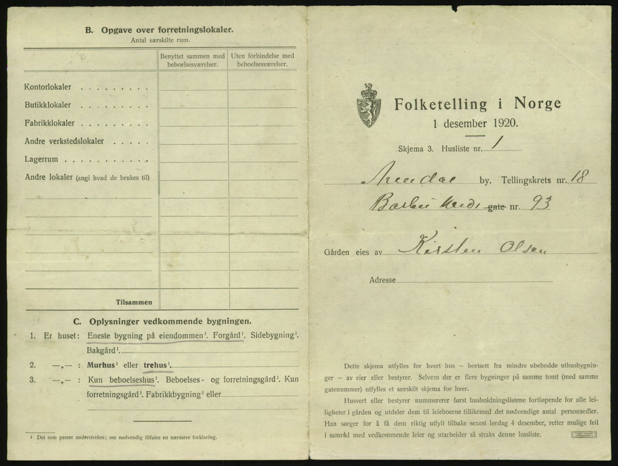 SAK, 1920 census for Arendal, 1920, p. 2742