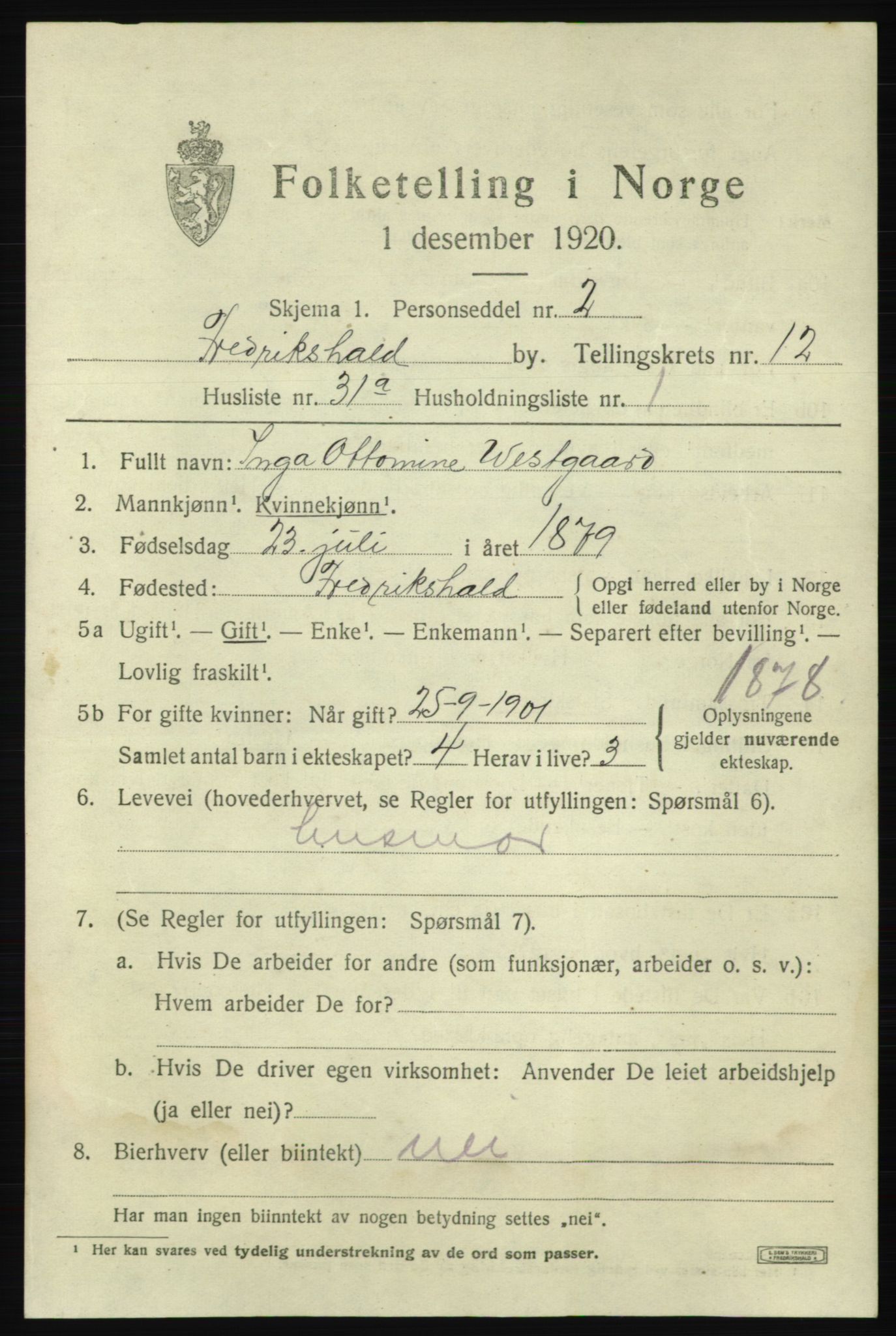 SAO, 1920 census for Fredrikshald, 1920, p. 20591