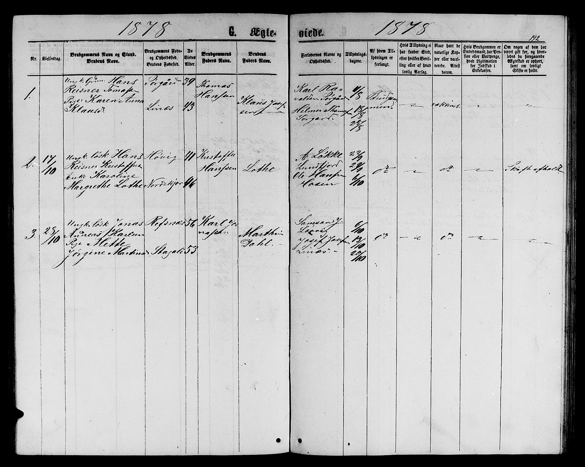 Ministerialprotokoller, klokkerbøker og fødselsregistre - Sør-Trøndelag, SAT/A-1456/656/L0695: Parish register (copy) no. 656C01, 1867-1889, p. 192
