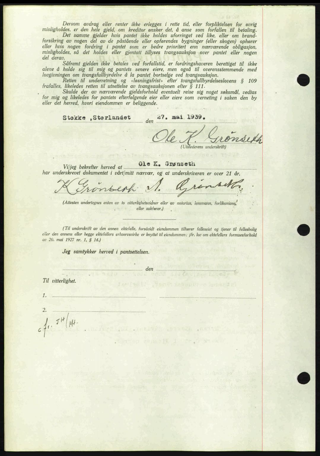 Nordmøre sorenskriveri, AV/SAT-A-4132/1/2/2Ca: Mortgage book no. B85, 1939-1939, Diary no: : 1750/1939