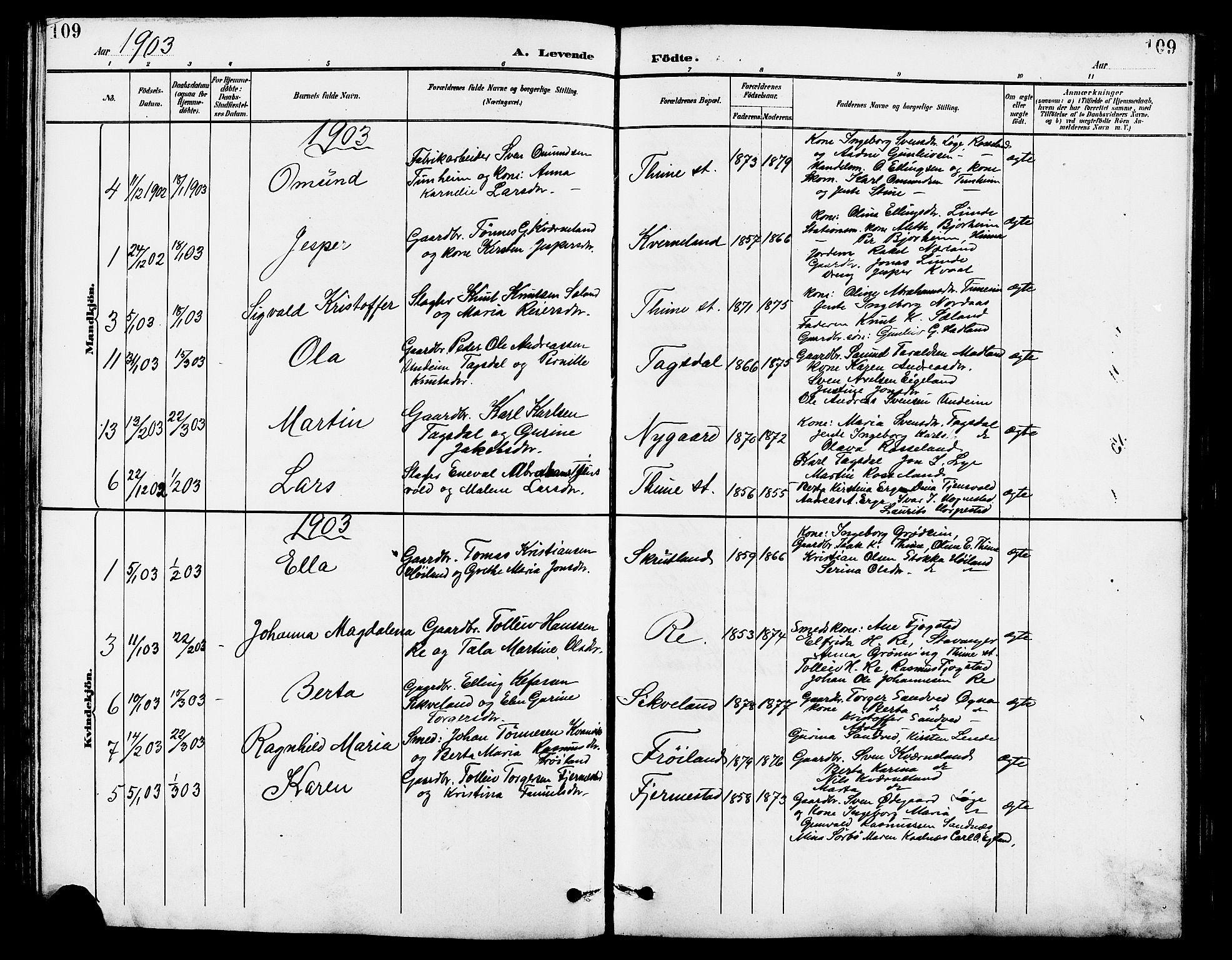Lye sokneprestkontor, SAST/A-101794/001/30BB/L0007: Parish register (copy) no. B 8, 1889-1909, p. 109