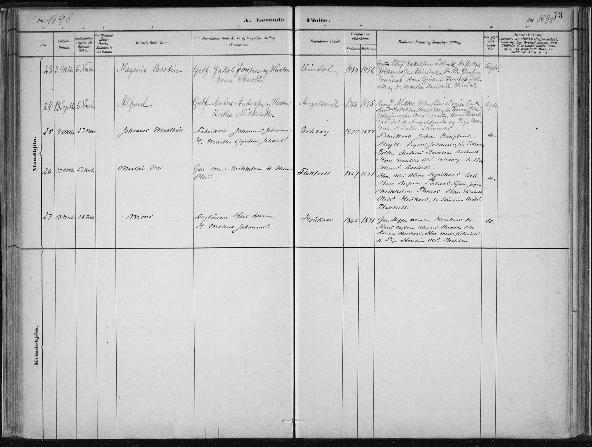 Hamre sokneprestembete, SAB/A-75501/H/Ha/Haa/Haad/L0001: Parish register (official) no. D  1, 1882-1906, p. 73