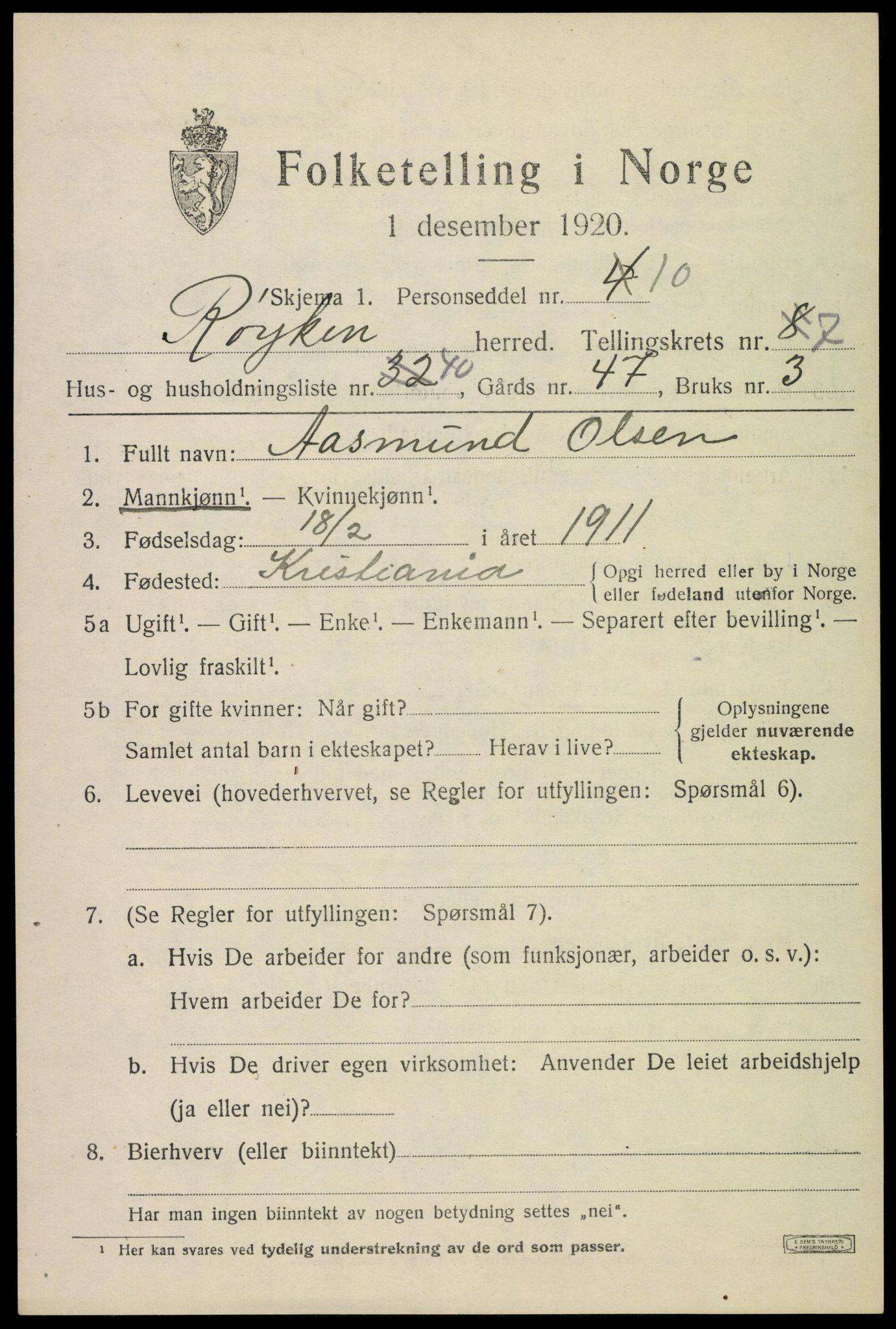 SAKO, 1920 census for Røyken, 1920, p. 11692