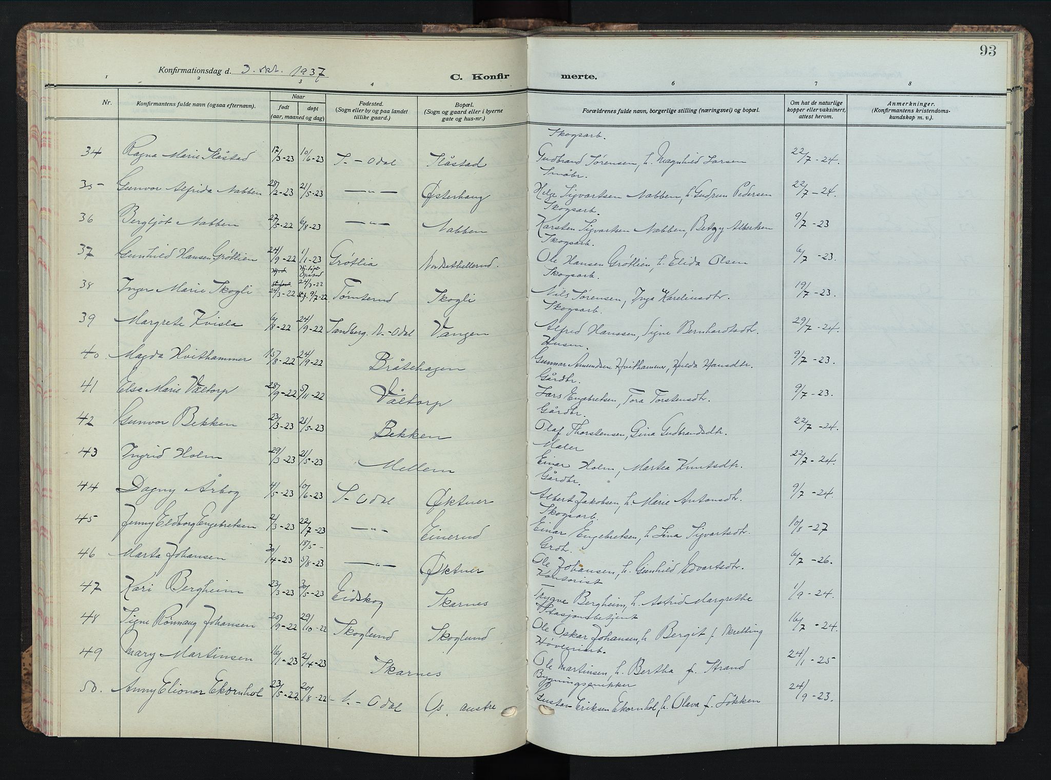 Sør-Odal prestekontor, SAH/PREST-030/H/Ha/Hab/L0013: Parish register (copy) no. 13, 1933-1951, p. 93