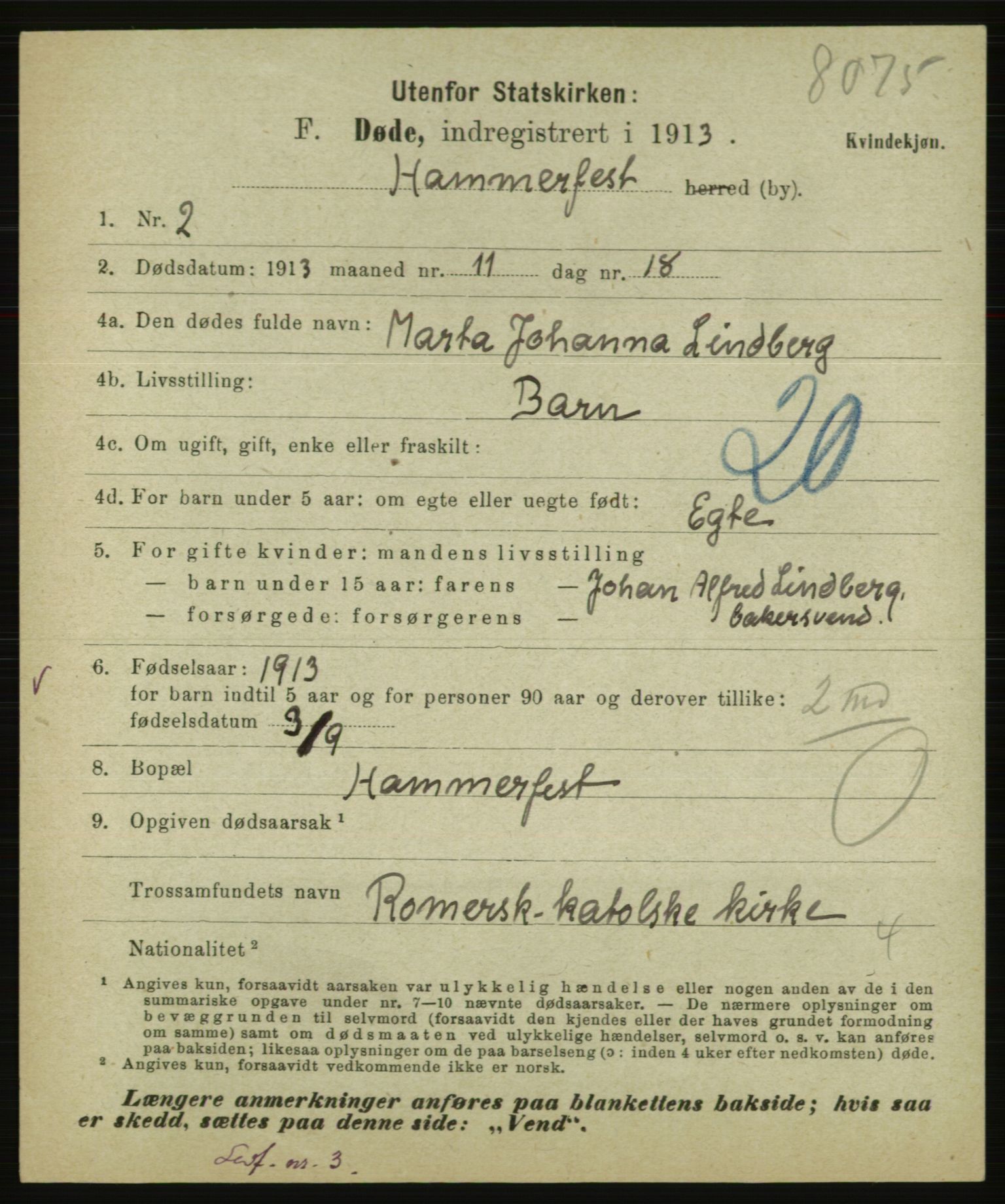 Statistisk sentralbyrå, Sosiodemografiske emner, Befolkning, AV/RA-S-2228/E/L0011: Fødte, gifte, døde dissentere., 1913, p. 3271