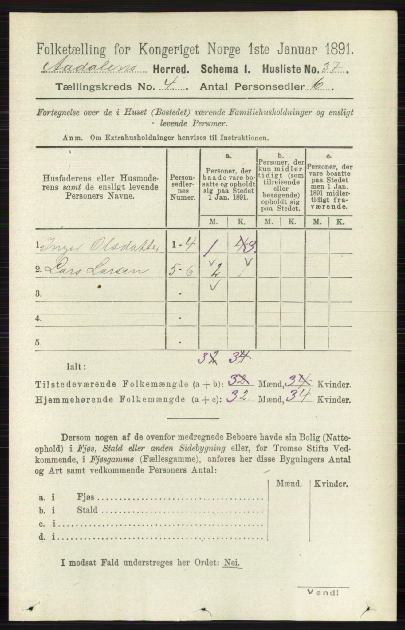 RA, 1891 census for 0614 Ådal, 1891, p. 1487