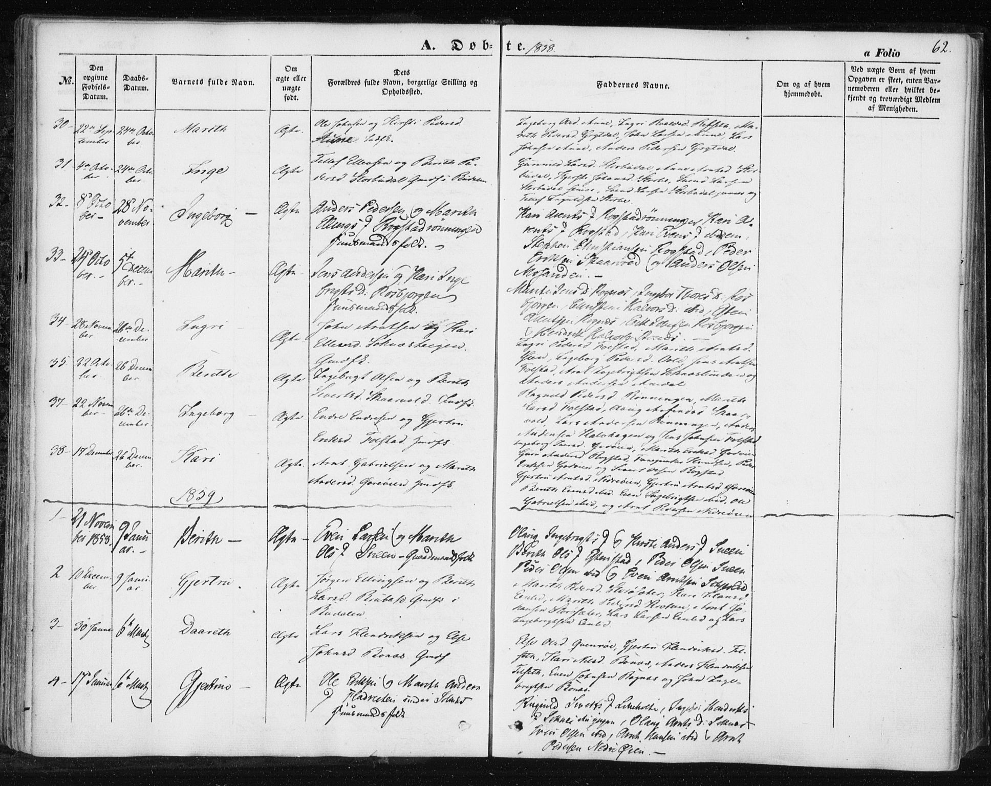 Ministerialprotokoller, klokkerbøker og fødselsregistre - Sør-Trøndelag, SAT/A-1456/687/L1000: Parish register (official) no. 687A06, 1848-1869, p. 62