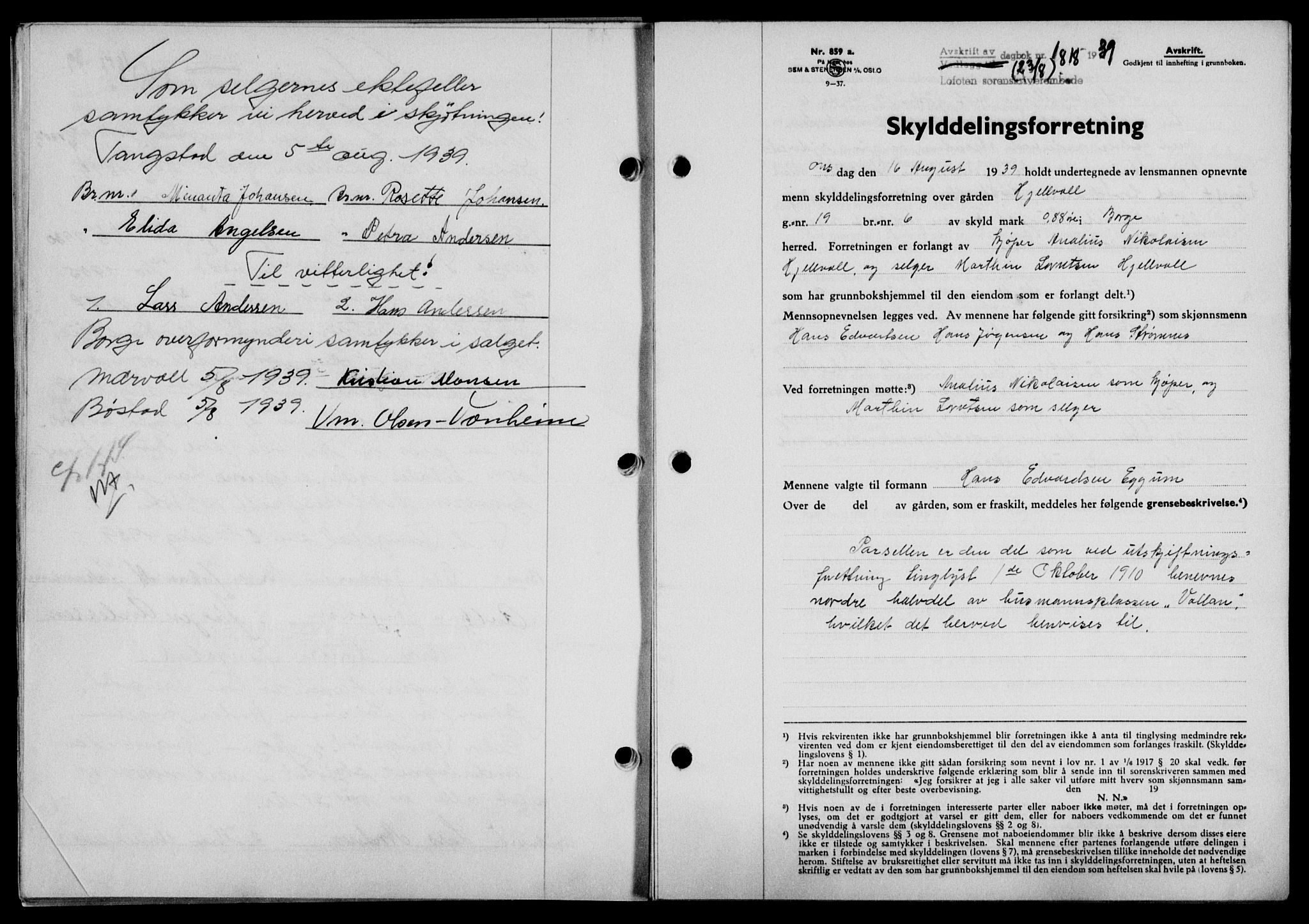 Lofoten sorenskriveri, SAT/A-0017/1/2/2C/L0006a: Mortgage book no. 6a, 1939-1939, Diary no: : 1818/1939