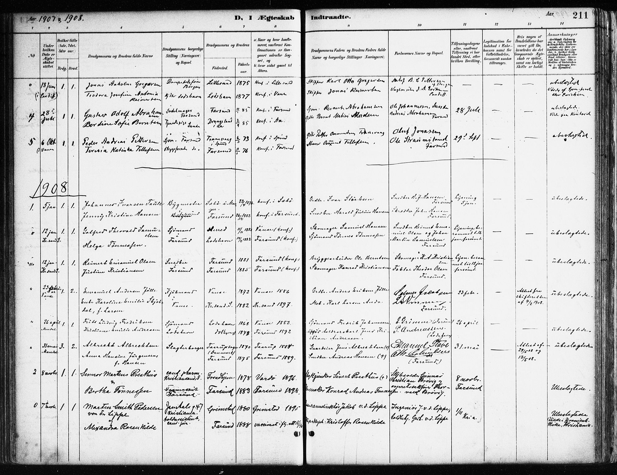 Farsund sokneprestkontor, SAK/1111-0009/F/Fa/L0006: Parish register (official) no. A 6, 1887-1920, p. 211