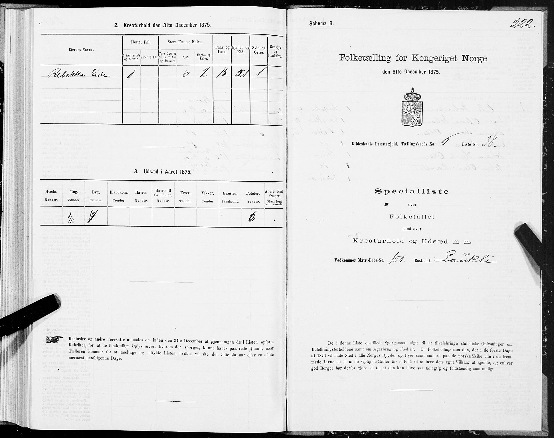 SAT, 1875 census for 1838P Gildeskål, 1875, p. 3222