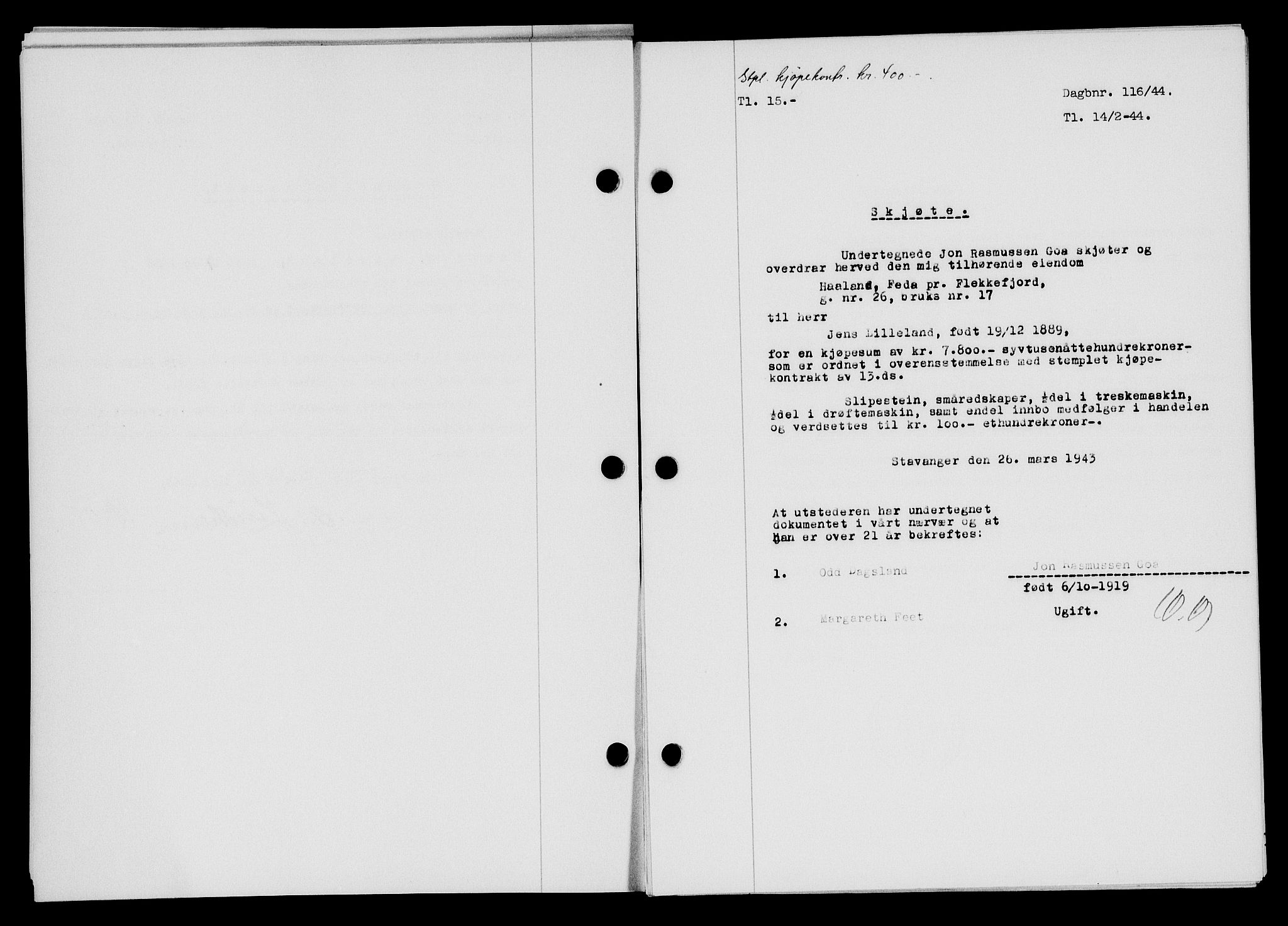 Flekkefjord sorenskriveri, SAK/1221-0001/G/Gb/Gba/L0059: Mortgage book no. A-7, 1944-1945, Diary no: : 116/1944