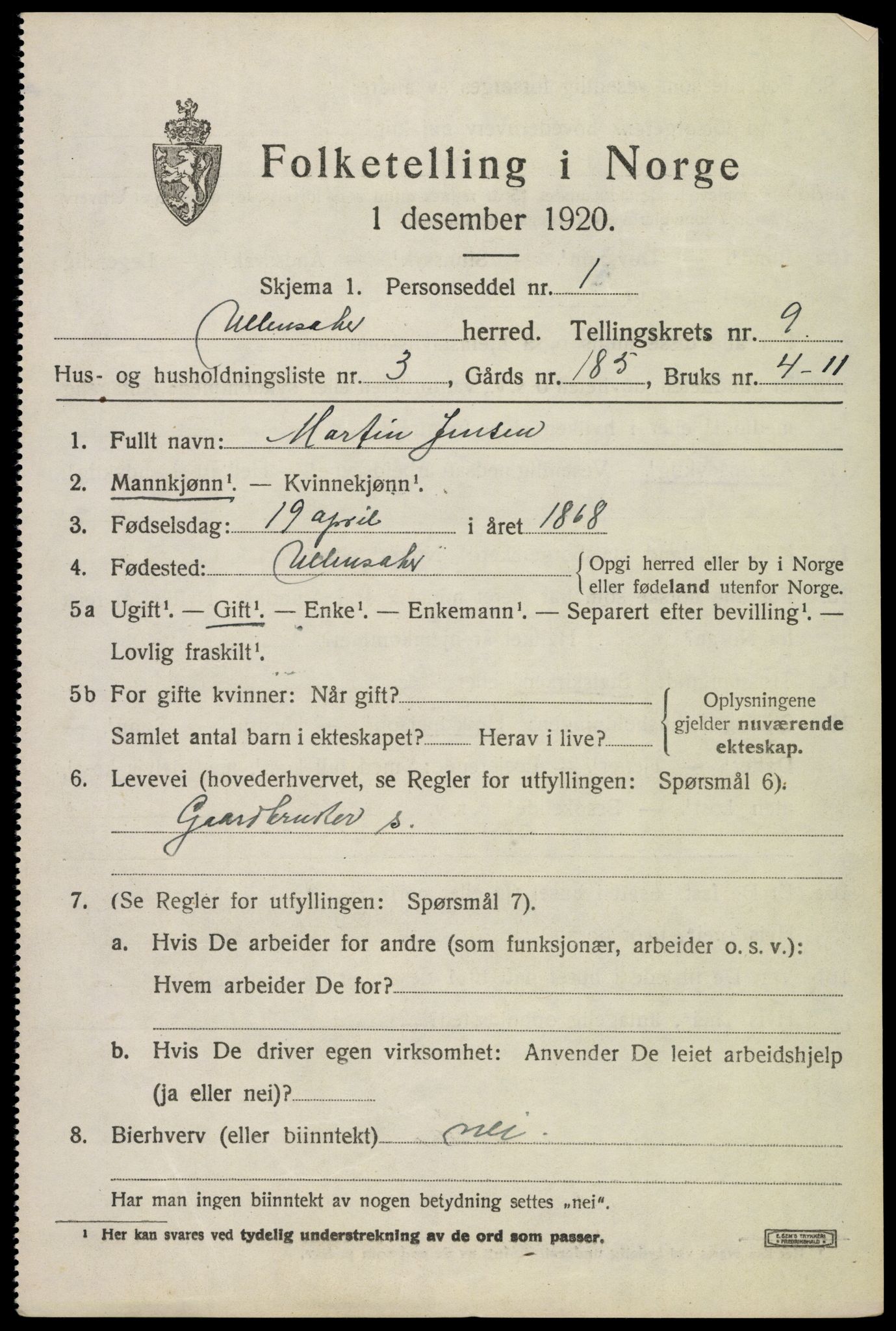 SAO, 1920 census for Ullensaker, 1920, p. 15411