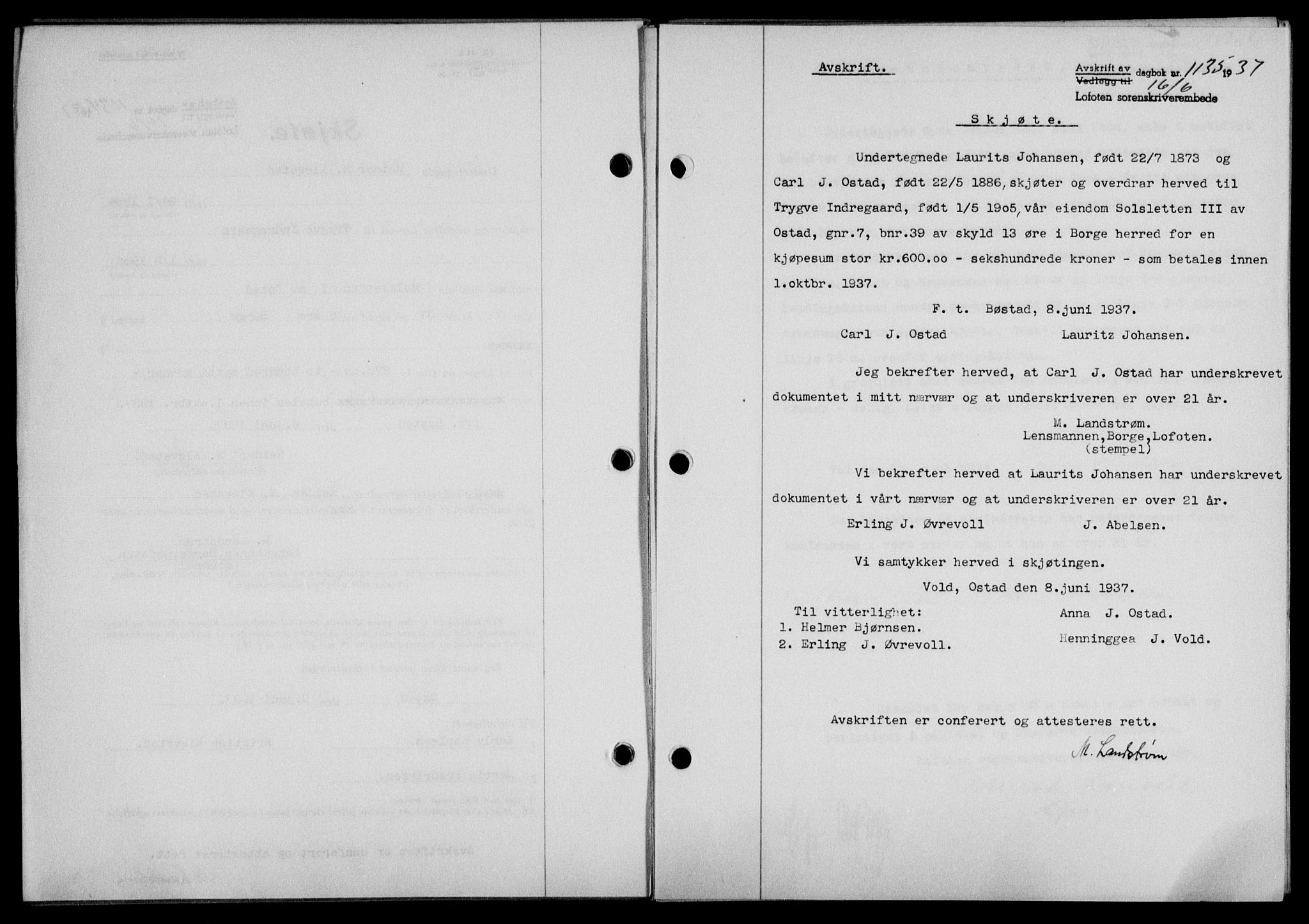 Lofoten sorenskriveri, SAT/A-0017/1/2/2C/L0002a: Mortgage book no. 2a, 1937-1937, Diary no: : 1135/1937