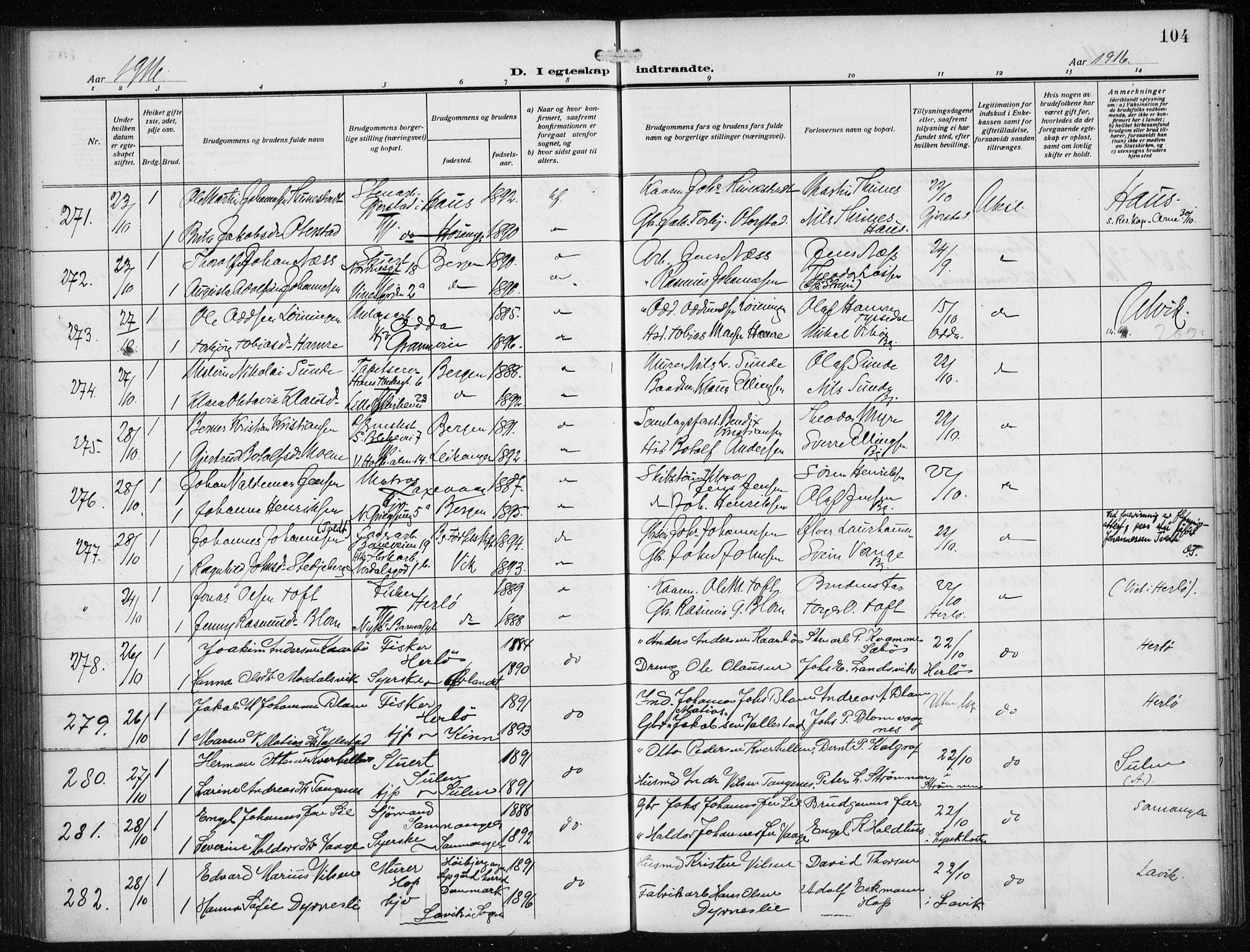 Nykirken Sokneprestembete, SAB/A-77101/H/Haa/L0036: Parish register (official) no. D 6, 1913-1918, p. 104
