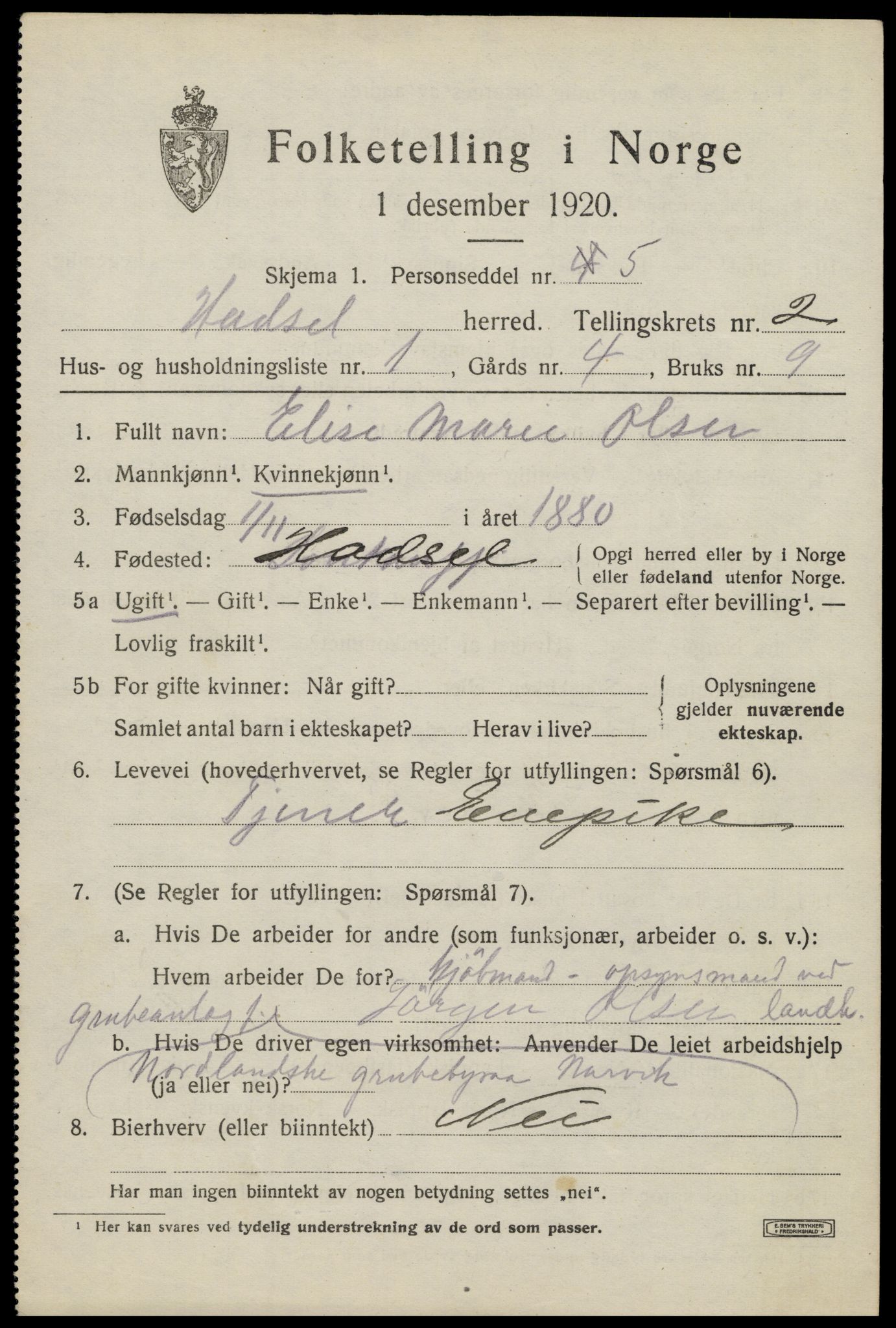 SAT, 1920 census for Hadsel, 1920, p. 3974