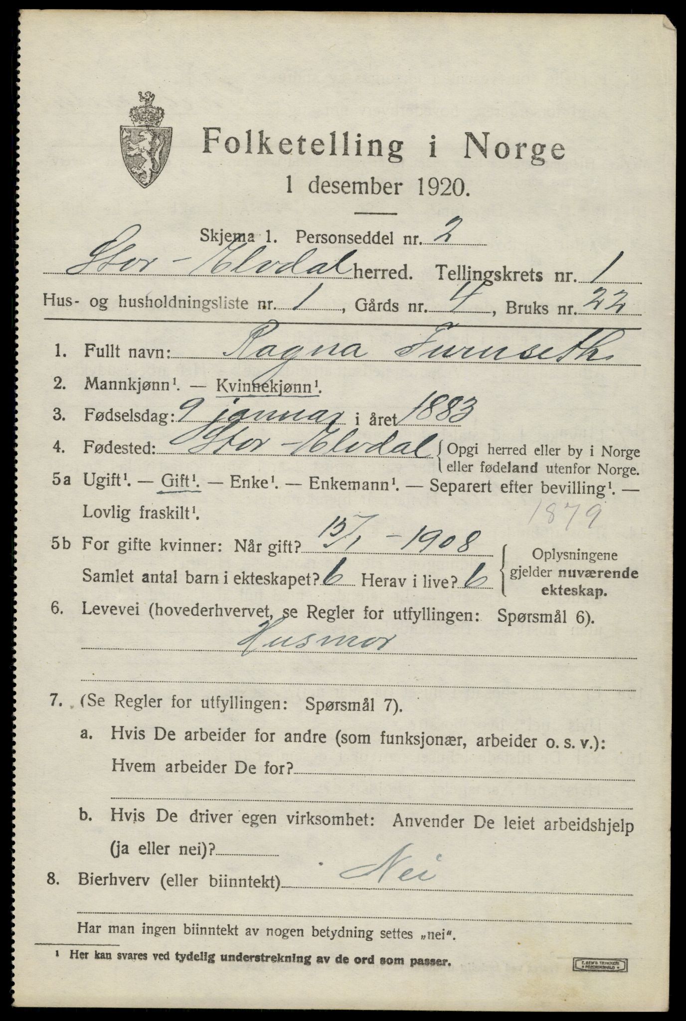 SAH, 1920 census for Stor-Elvdal, 1920, p. 1484