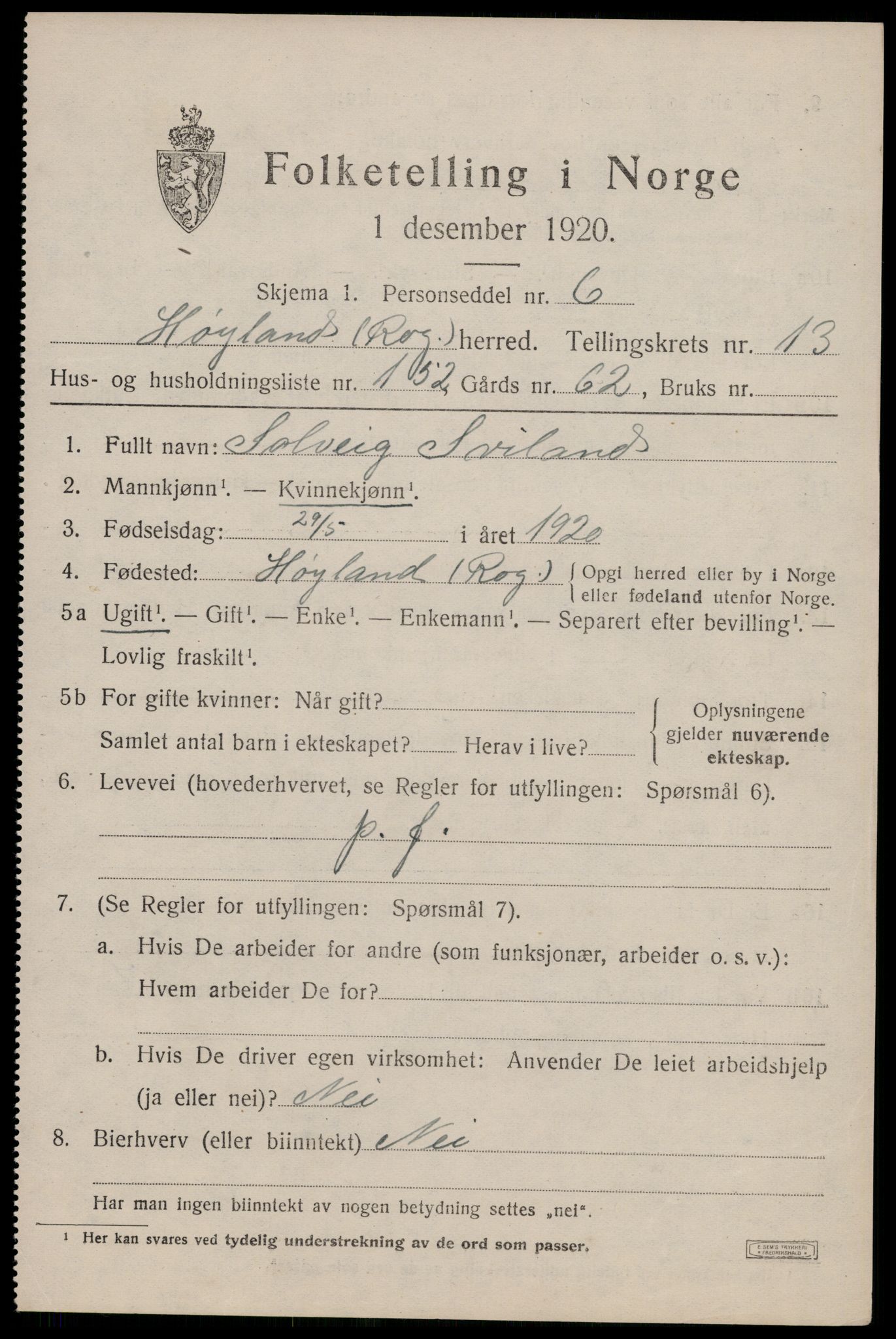 SAST, 1920 census for Høyland, 1920, p. 12972