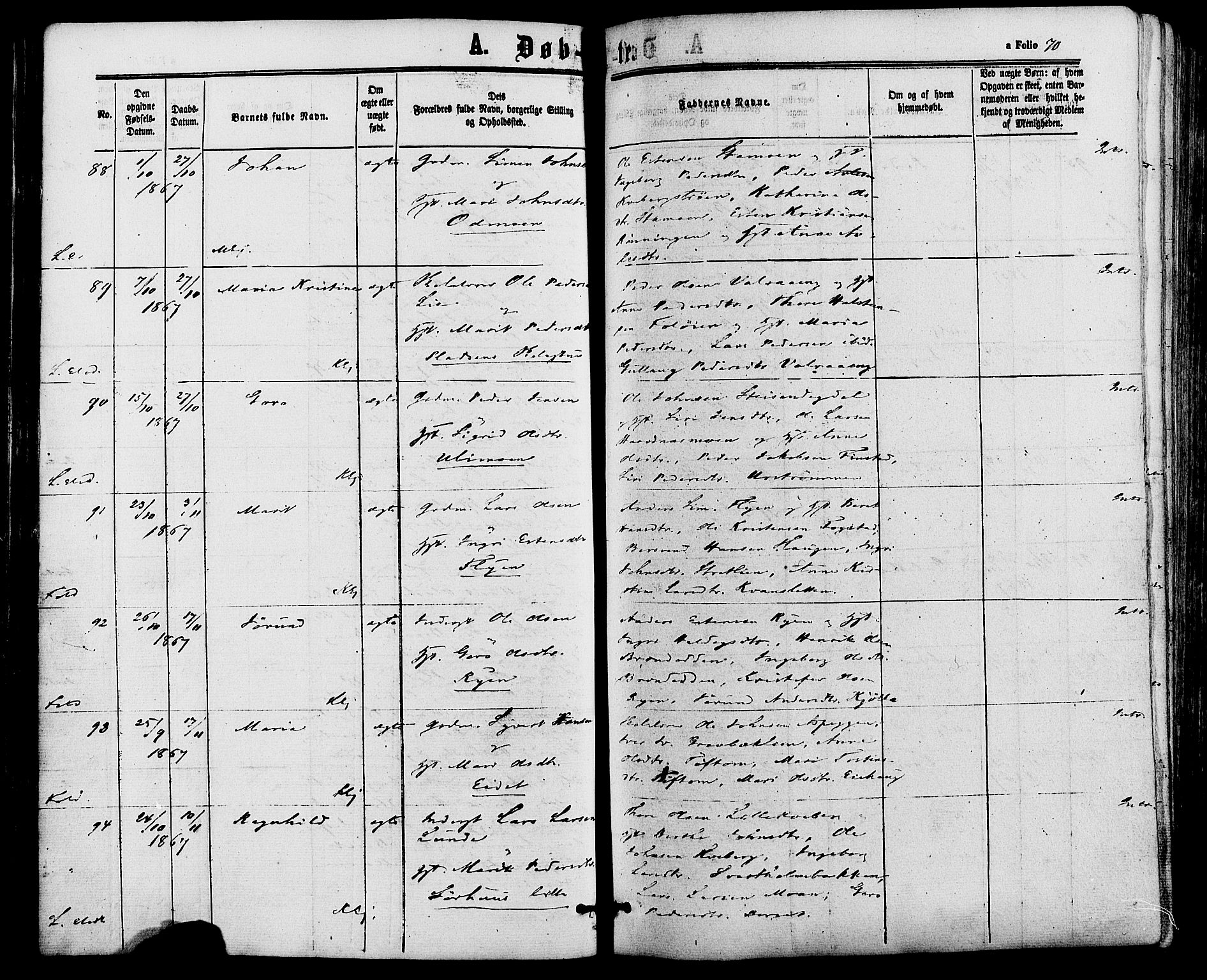 Alvdal prestekontor, SAH/PREST-060/H/Ha/Haa/L0001: Parish register (official) no. 1, 1863-1882, p. 70