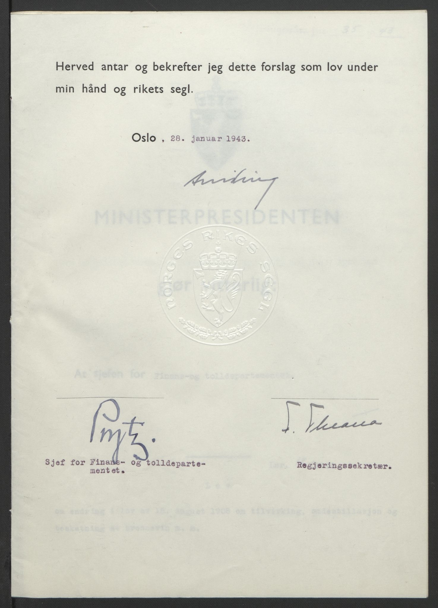 NS-administrasjonen 1940-1945 (Statsrådsekretariatet, de kommisariske statsråder mm), AV/RA-S-4279/D/Db/L0099: Lover, 1943, p. 75