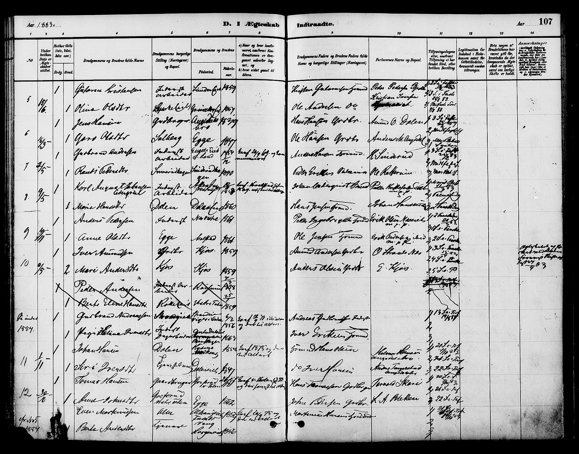 Gran prestekontor, SAH/PREST-112/H/Ha/Haa/L0015: Parish register (official) no. 15, 1880-1888, p. 107