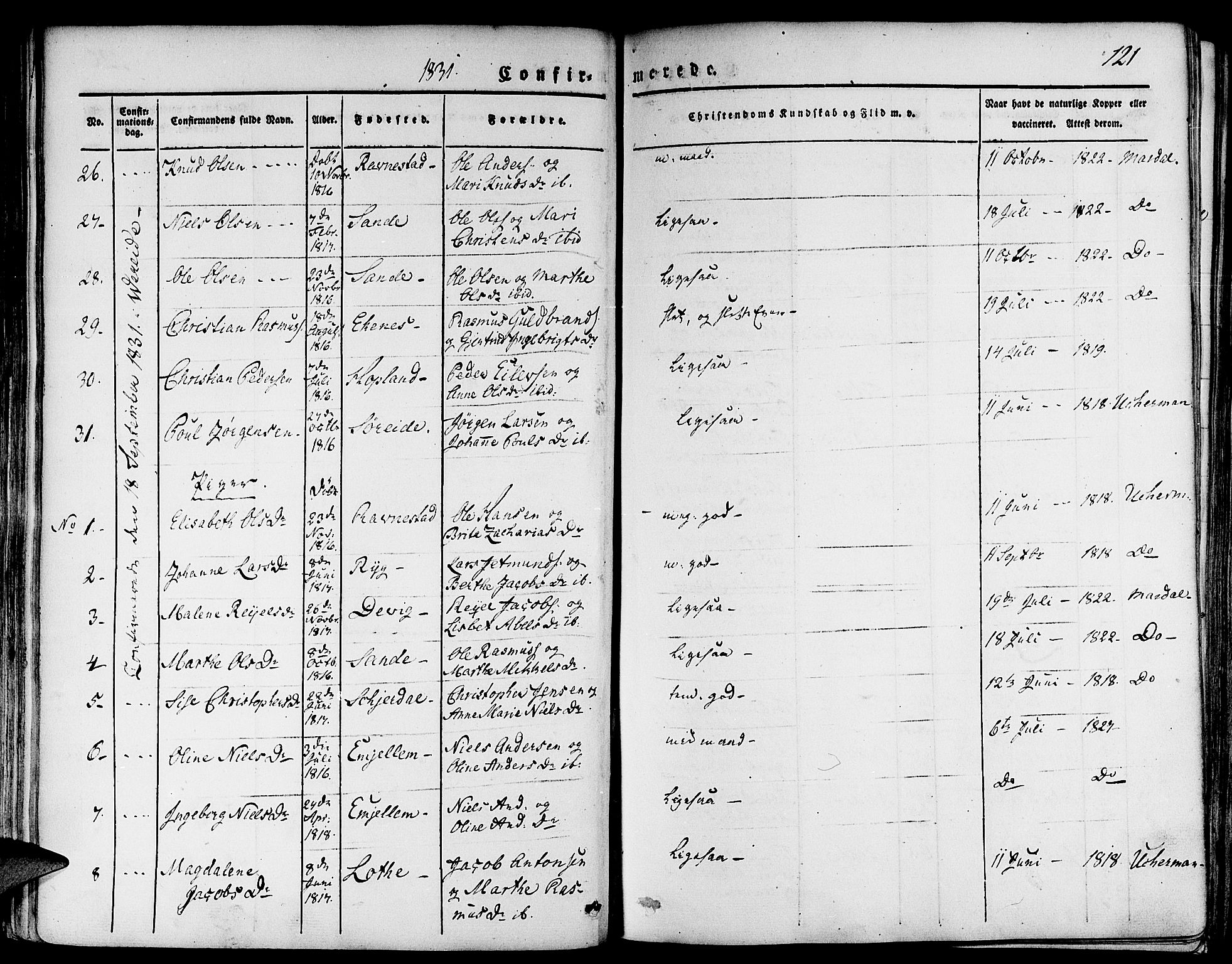 Gloppen sokneprestembete, AV/SAB-A-80101/H/Haa/Haaa/L0007: Parish register (official) no. A 7, 1827-1837, p. 121