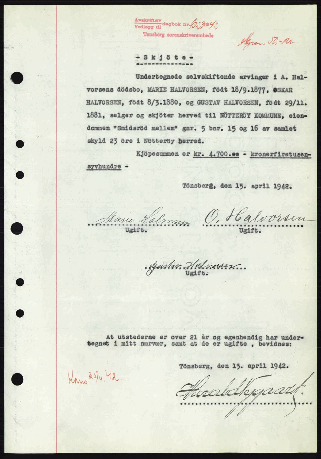 Tønsberg sorenskriveri, AV/SAKO-A-130/G/Ga/Gaa/L0011: Mortgage book no. A11, 1941-1942, Diary no: : 1323/1942