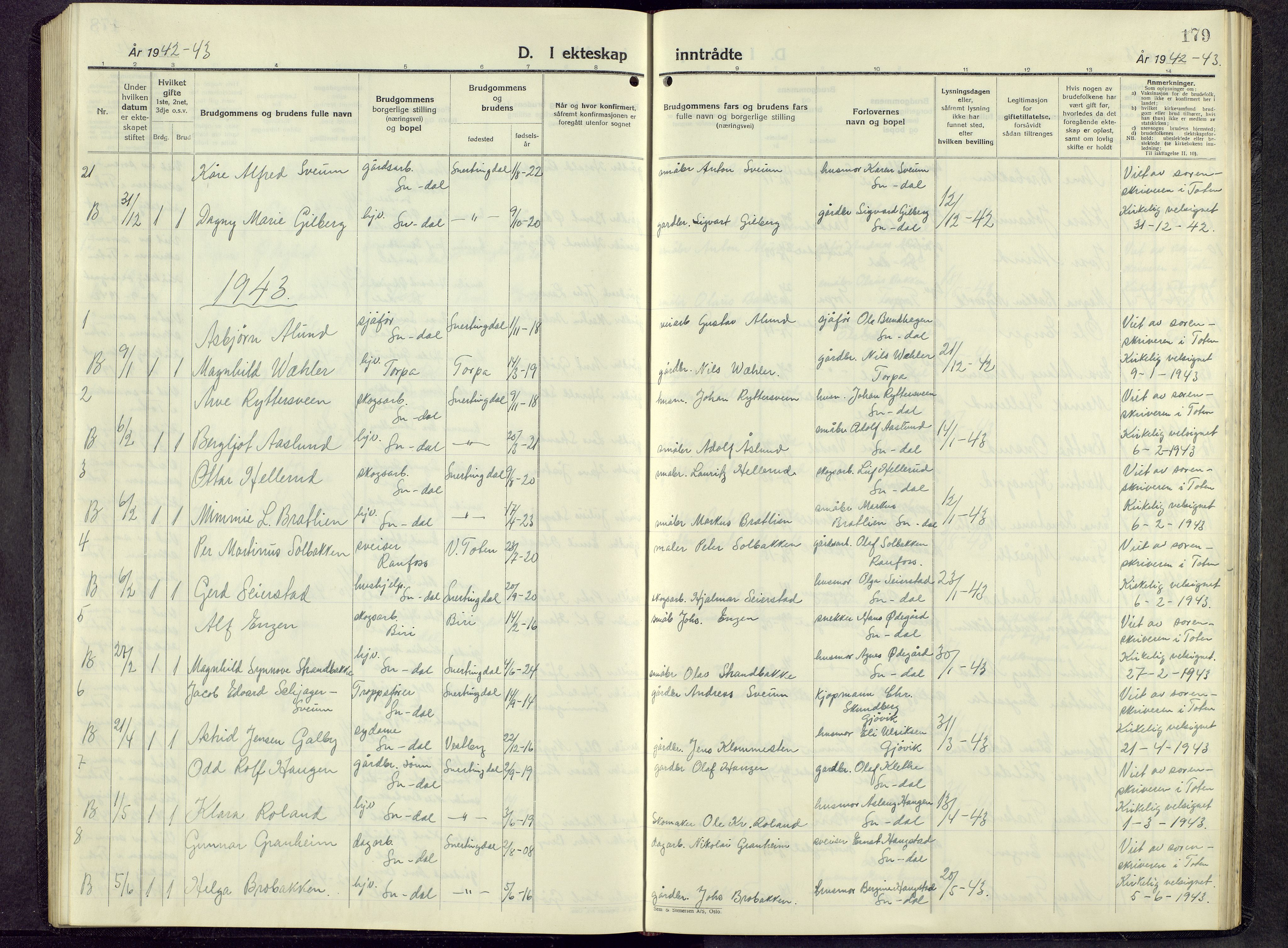 Biri prestekontor, SAH/PREST-096/H/Ha/Hab/L0009: Parish register (copy) no. 9, 1942-1955, p. 179