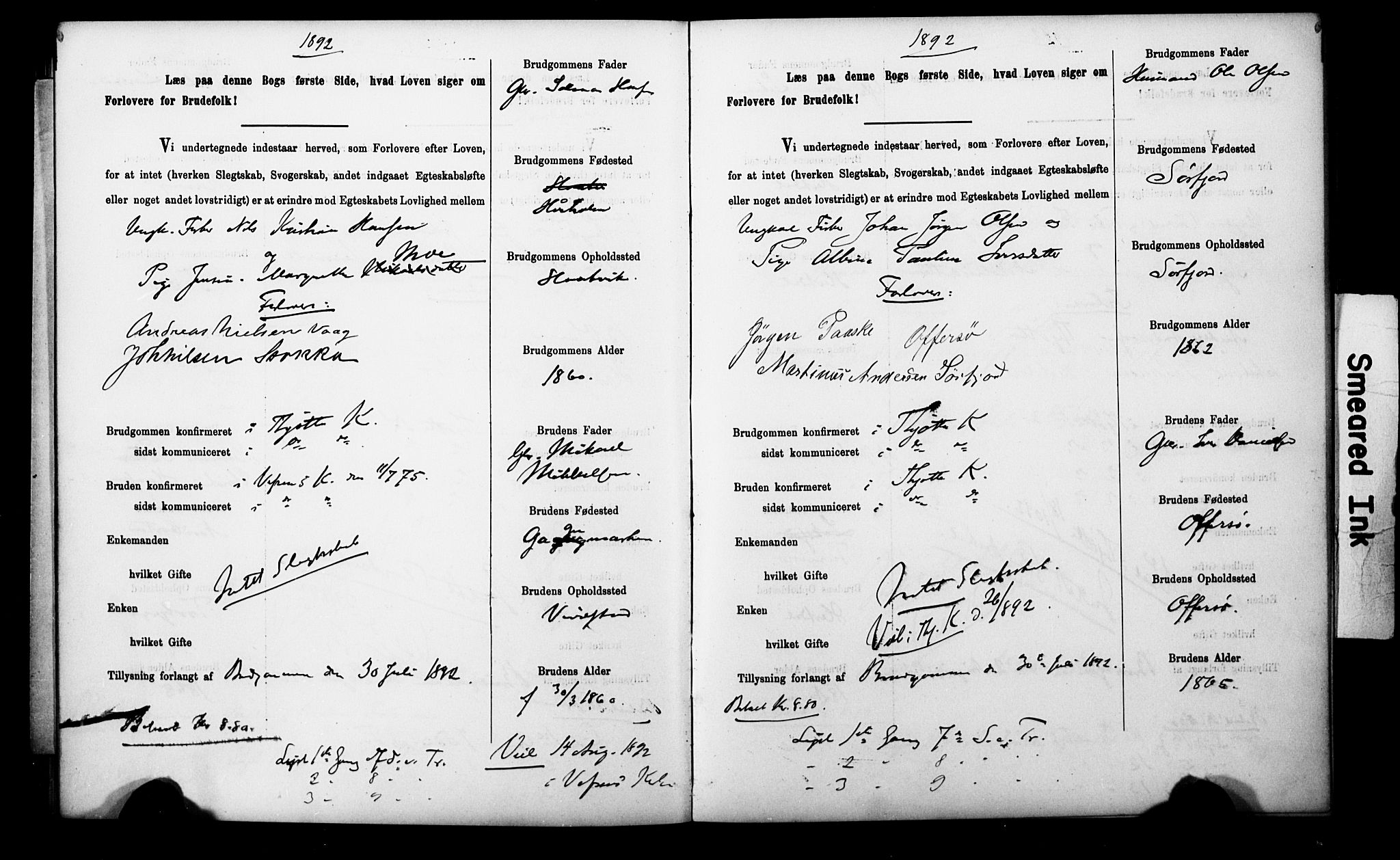 Uten arkivreferanse**, SAT/-: Banns register no. 1 /2 (Trøgstad), 1891-1895