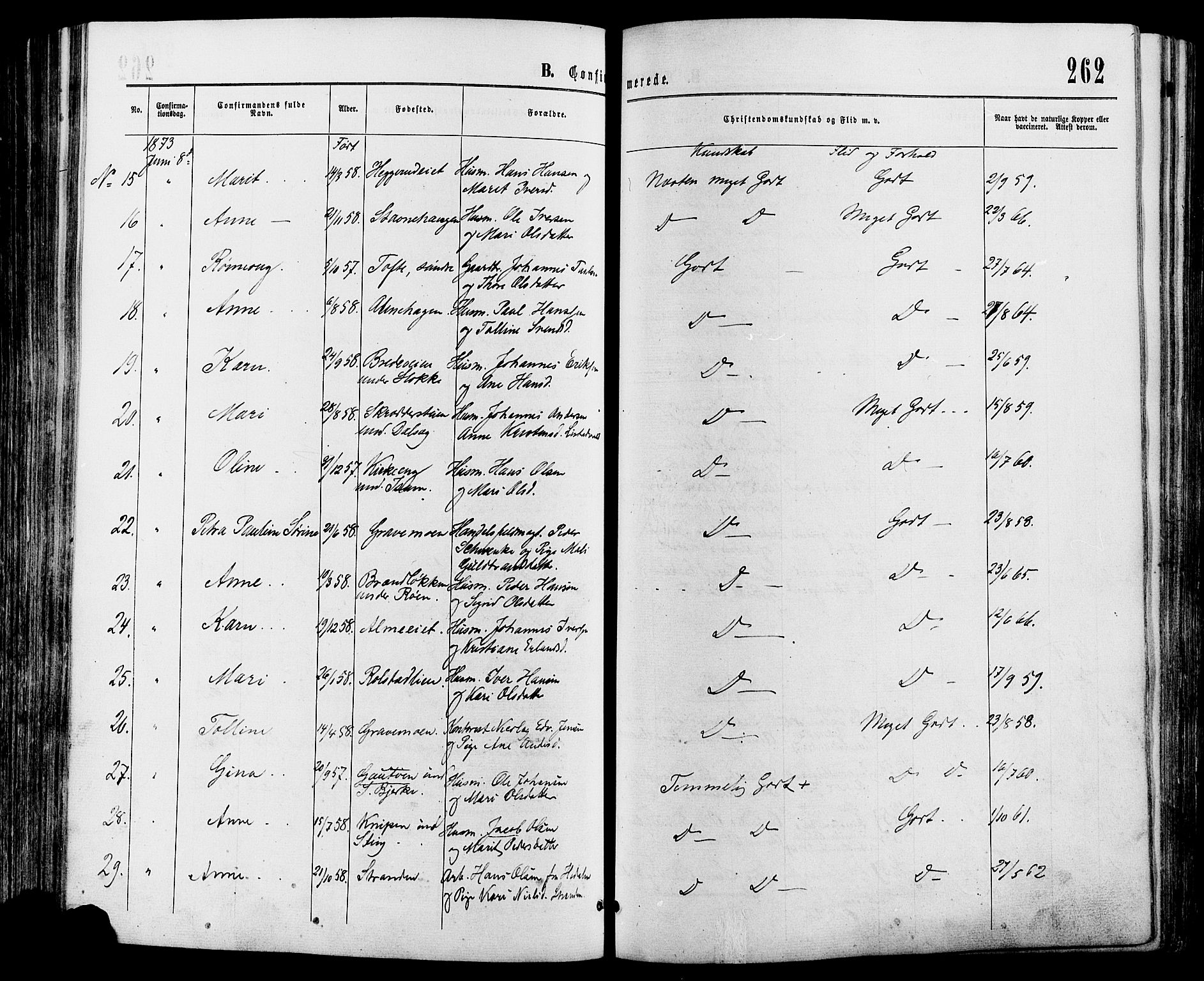 Sør-Fron prestekontor, SAH/PREST-010/H/Ha/Haa/L0002: Parish register (official) no. 2, 1864-1880, p. 262