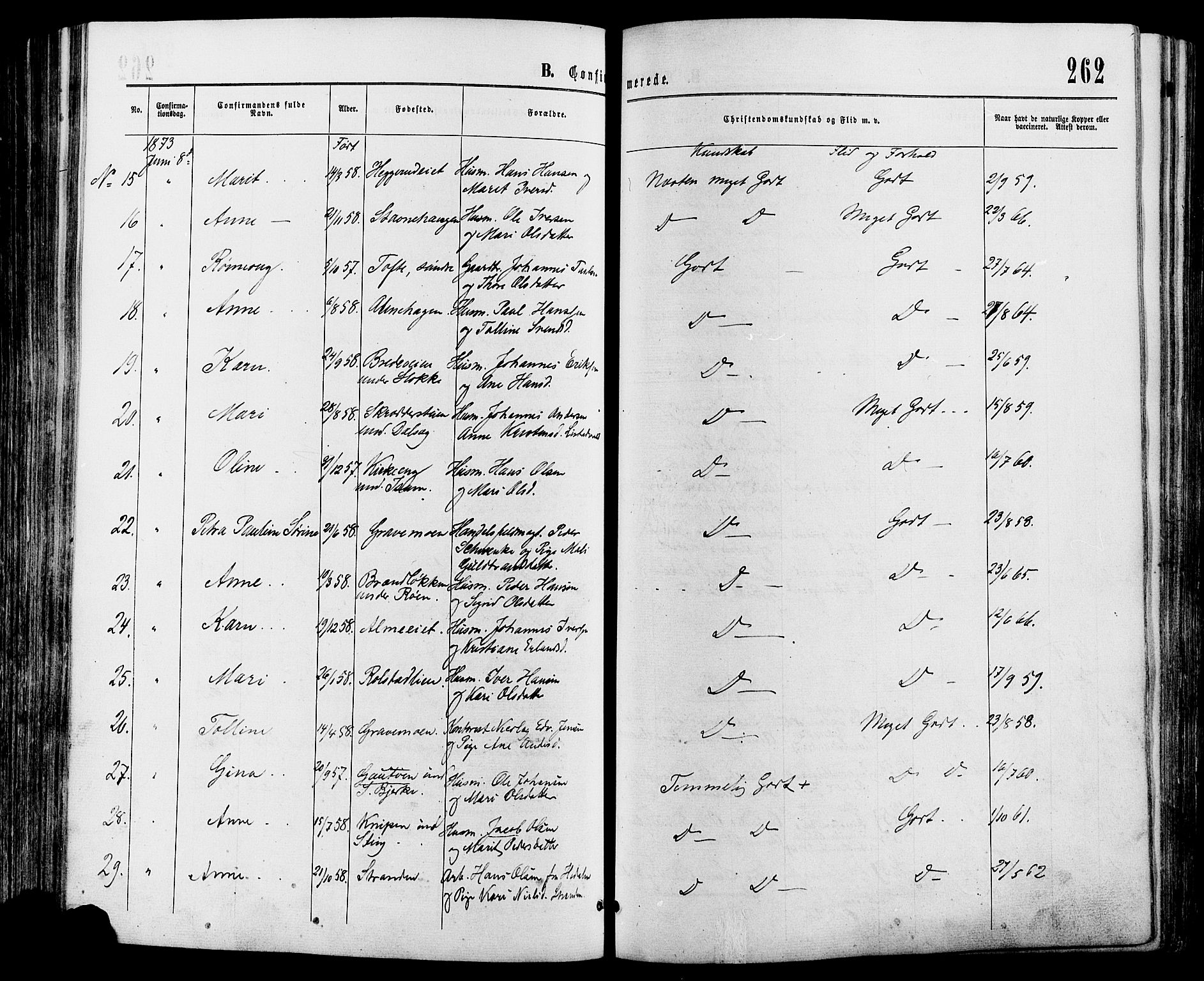 Sør-Fron prestekontor, AV/SAH-PREST-010/H/Ha/Haa/L0002: Parish register (official) no. 2, 1864-1880, p. 262