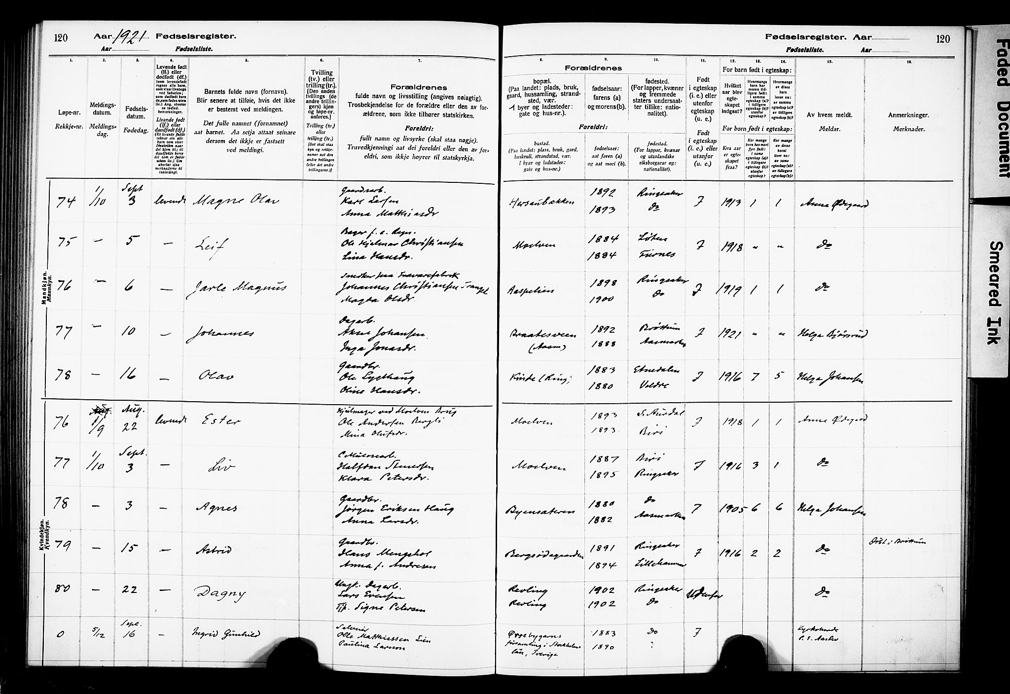 Ringsaker prestekontor, AV/SAH-PREST-014/O/Oa/L0001: Birth register no. 1, 1916-1925, p. 120