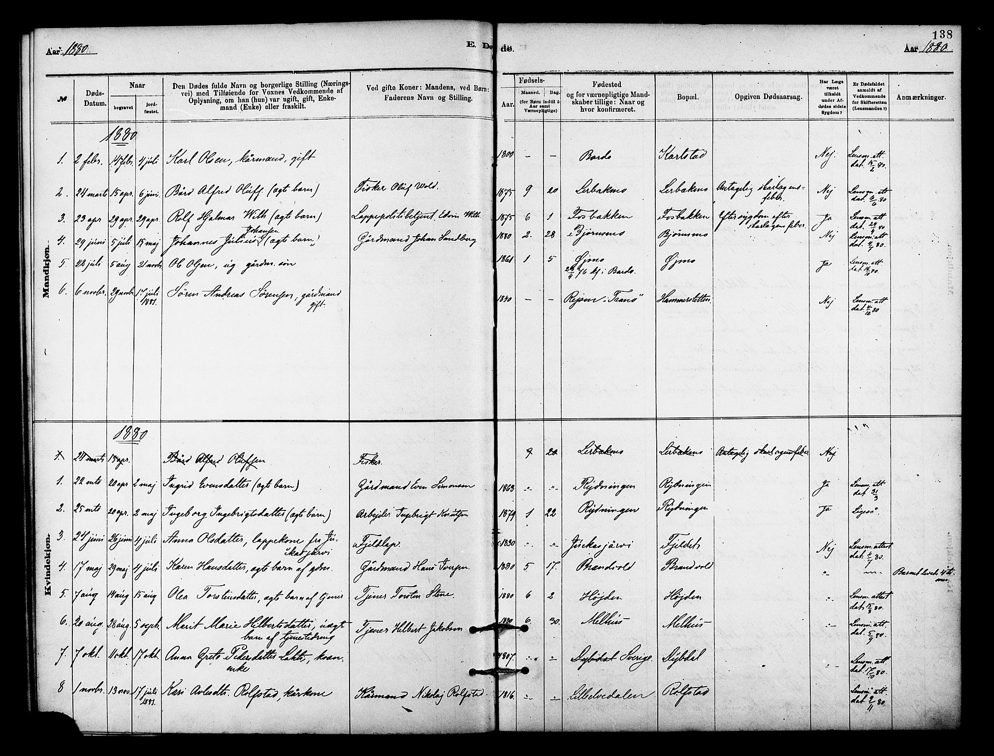 Målselv sokneprestembete, SATØ/S-1311/G/Ga/Gaa/L0009kirke: Parish register (official) no. 9, 1878-1889, p. 138