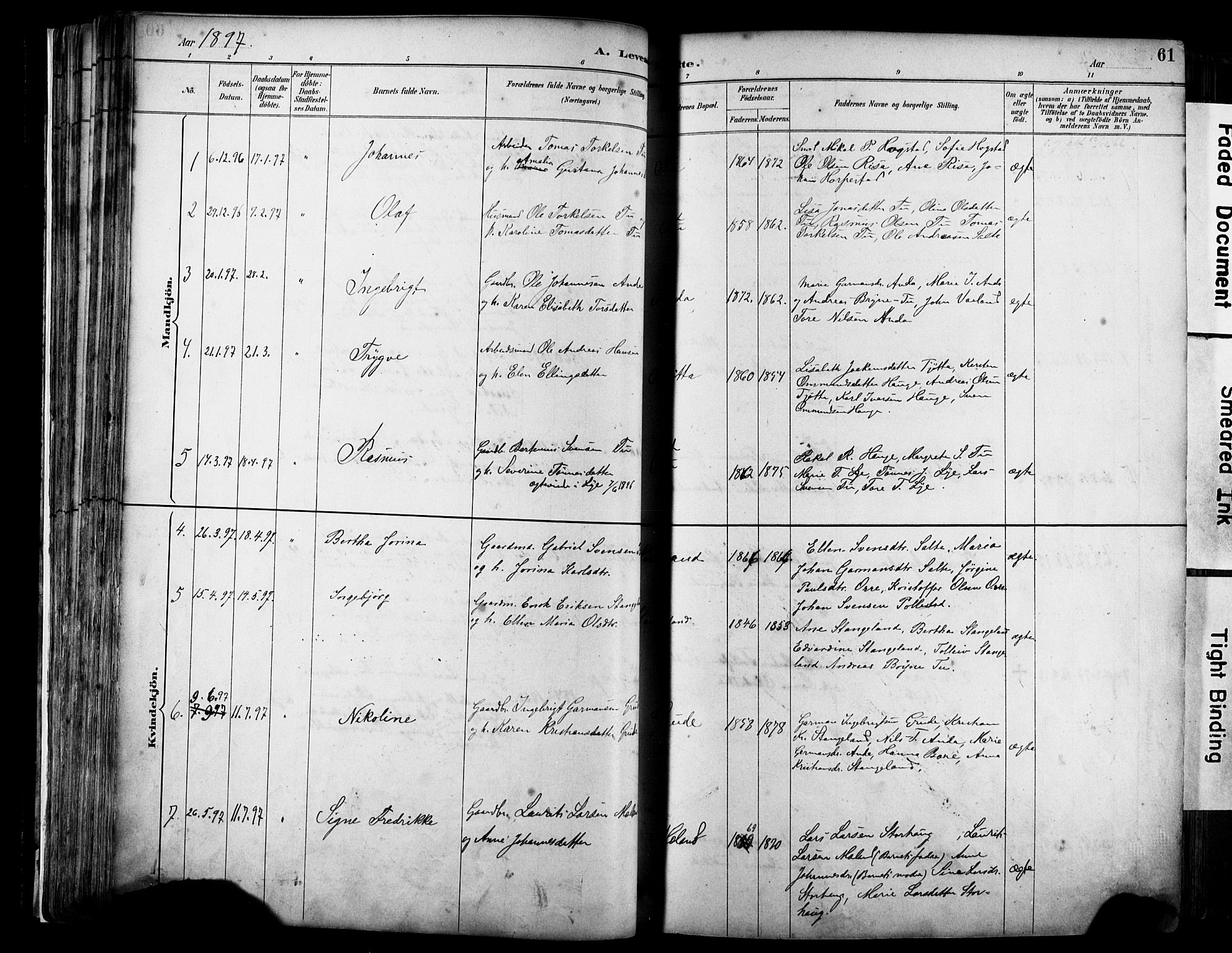 Klepp sokneprestkontor, SAST/A-101803/001/3/30BA/L0009: Parish register (official) no. A 7, 1886-1915, p. 61