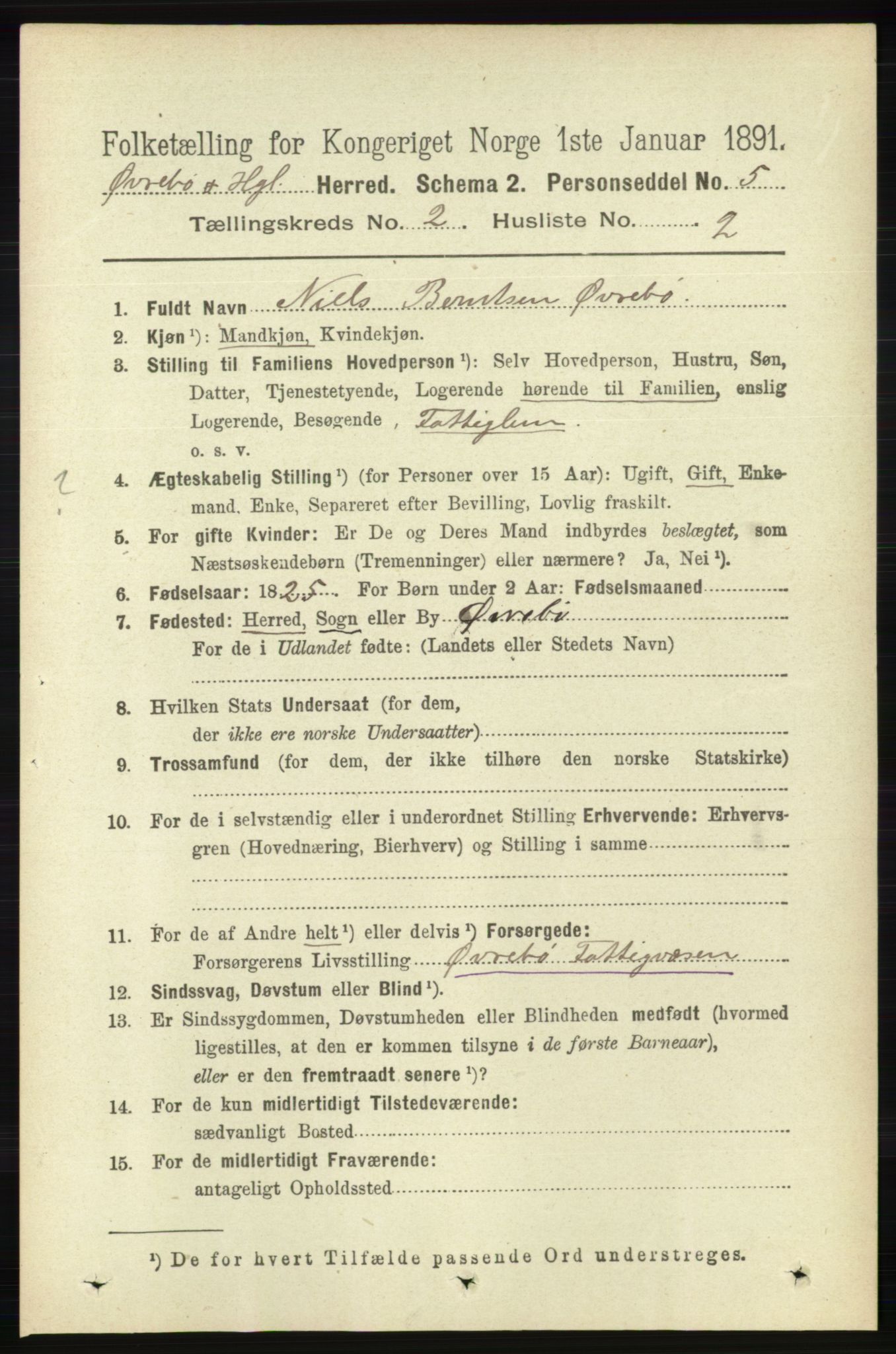 RA, 1891 census for 1016 Øvrebø og Hægeland, 1891, p. 326